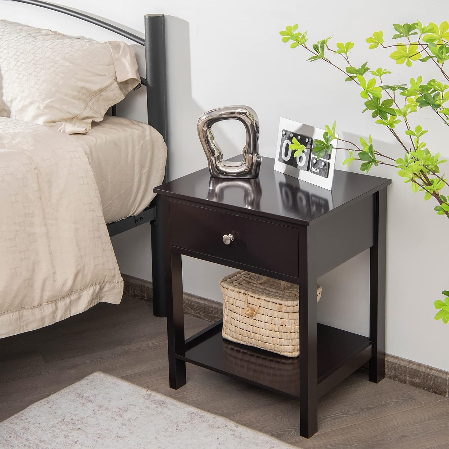 COSTWAY Nightstand with Drawer Storage Shelf Wooden Bedside Sofa Side Table Brown
