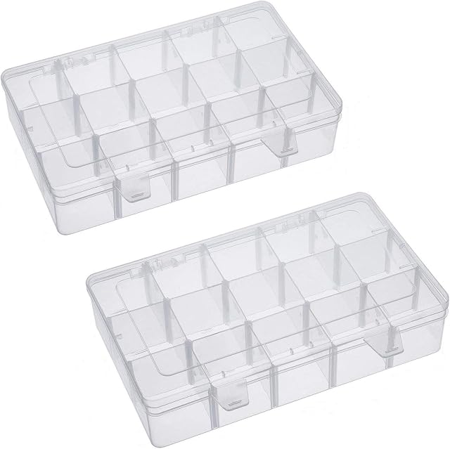 Weddecor Jewellery Storage Box Clear Storage Container with 15 Grid Transparent Bead Organizer Adjustable Dividers Container Case for Craft Small Item DIY Earring Tool Container 173 x 100 x 22mm, 2pcs