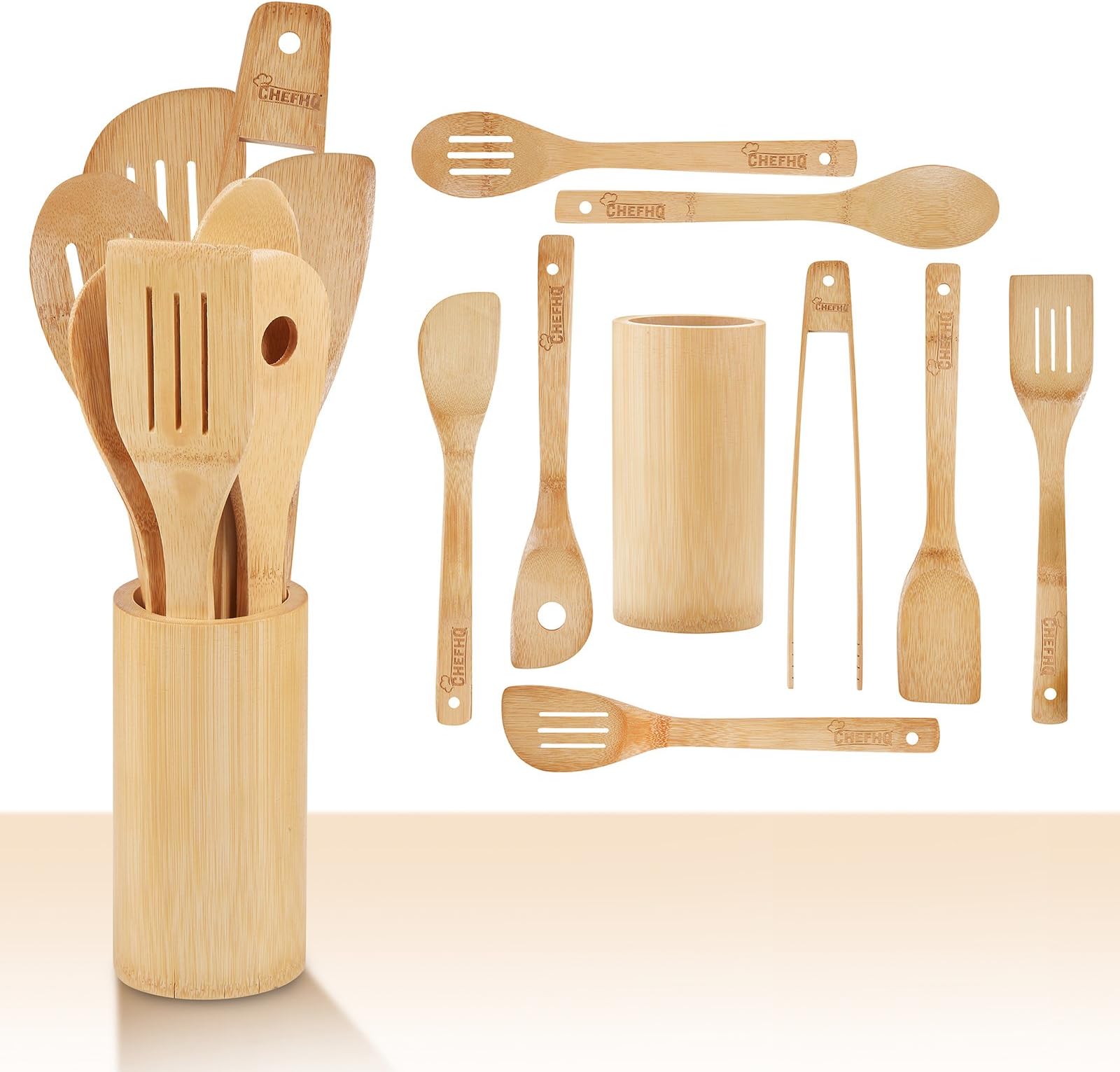 CHEFHQ 9 Piece Bamboo Cooking Utensils Set - Set Includes: Holder, Spatulas, Slotted Spatula, Serving Spoons, Angled Spoon with Hole, Tongs - Wood Tool Utensil Sets for Nonstick Cookware
