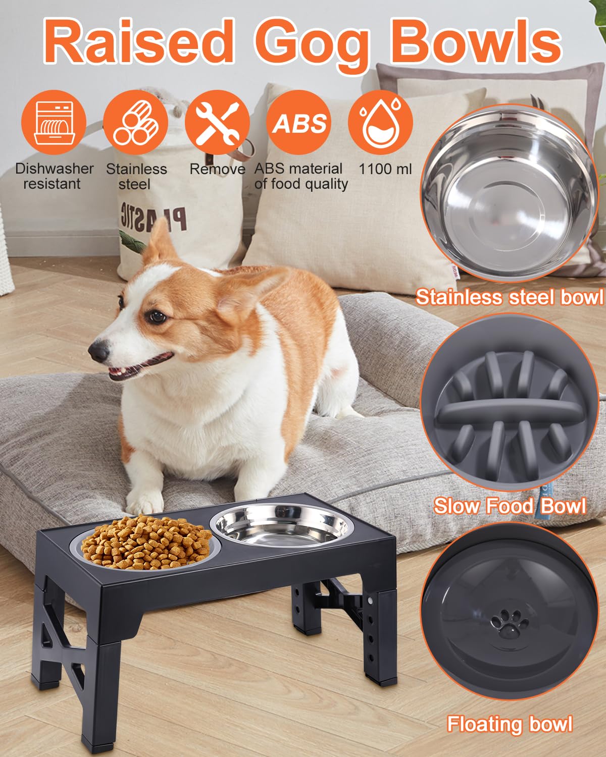 TIDEVAN Ciotola per Cani Ciotola Rialzata Ciotole Acqua Rialzate 4 Supporti Regolabili in Altezza con Ciotola per Alimentazione Lenta e Ciotola Galleggiante e Acciaio Inossidabile per Cani in Diverse