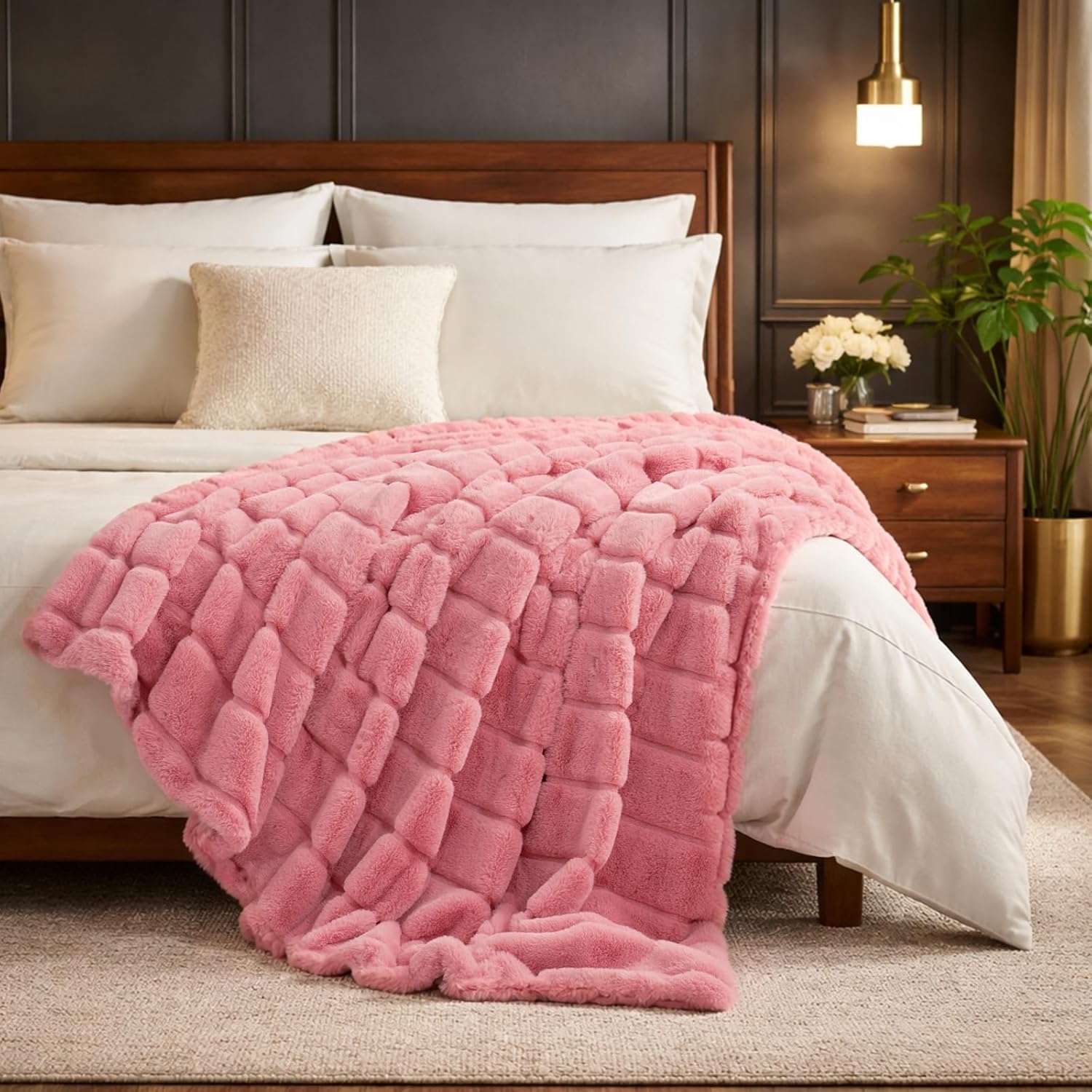 Cozy Bliss Faux Fur Throw Blanket for Couch, Cozy Warm Plush Striped Blanket for Sofa Bedroom Living Room, 50 * 60 Inches Pink - Image 3