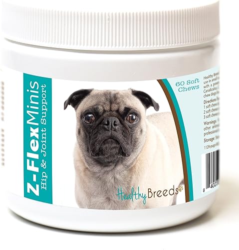 Healthy Breeds Pug Z-Flex Minis - Masticables suaves para cadera y articulaciones, 60 unidades