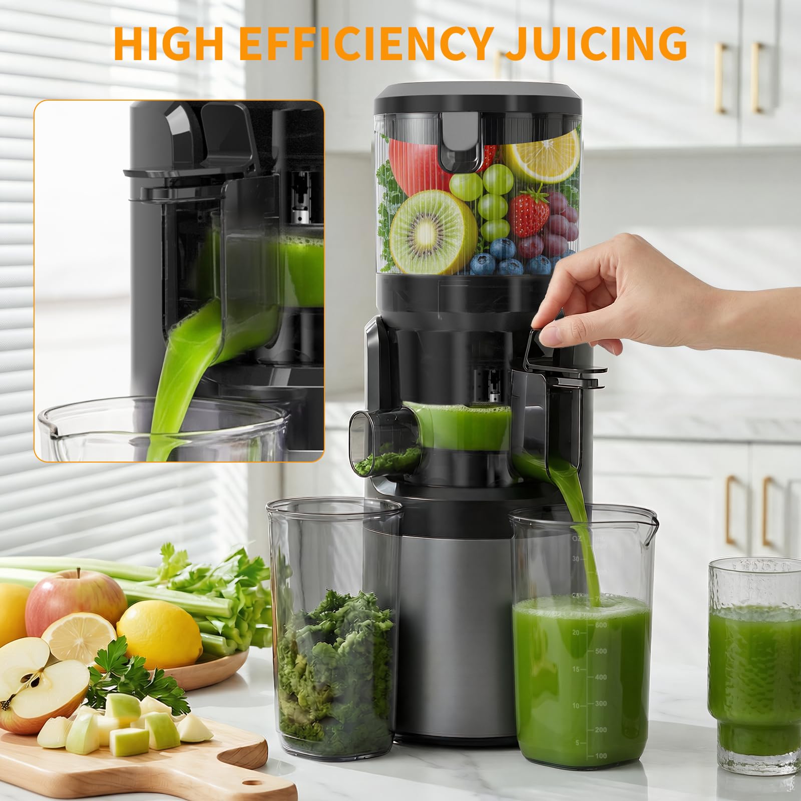 Extracteur de Jus à Froid 400W Slow Juicer, Goulotte XL 152 mm, Tamis 3-en-1, Sans BPA, 1,8L