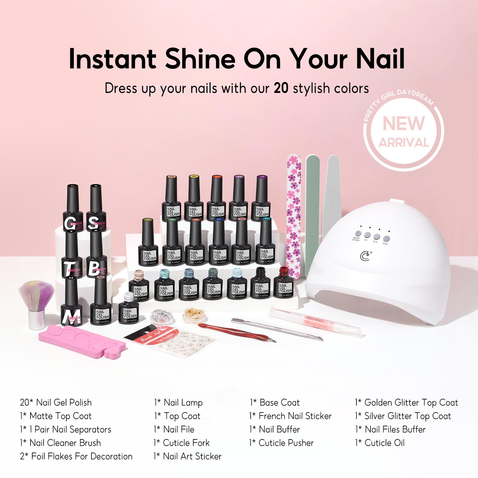 COSCELIA 38-częściowy zestaw lakierów hybrydowych z lampą UV 20 kolorów 7 ml baza top coat narzędzia do manicure