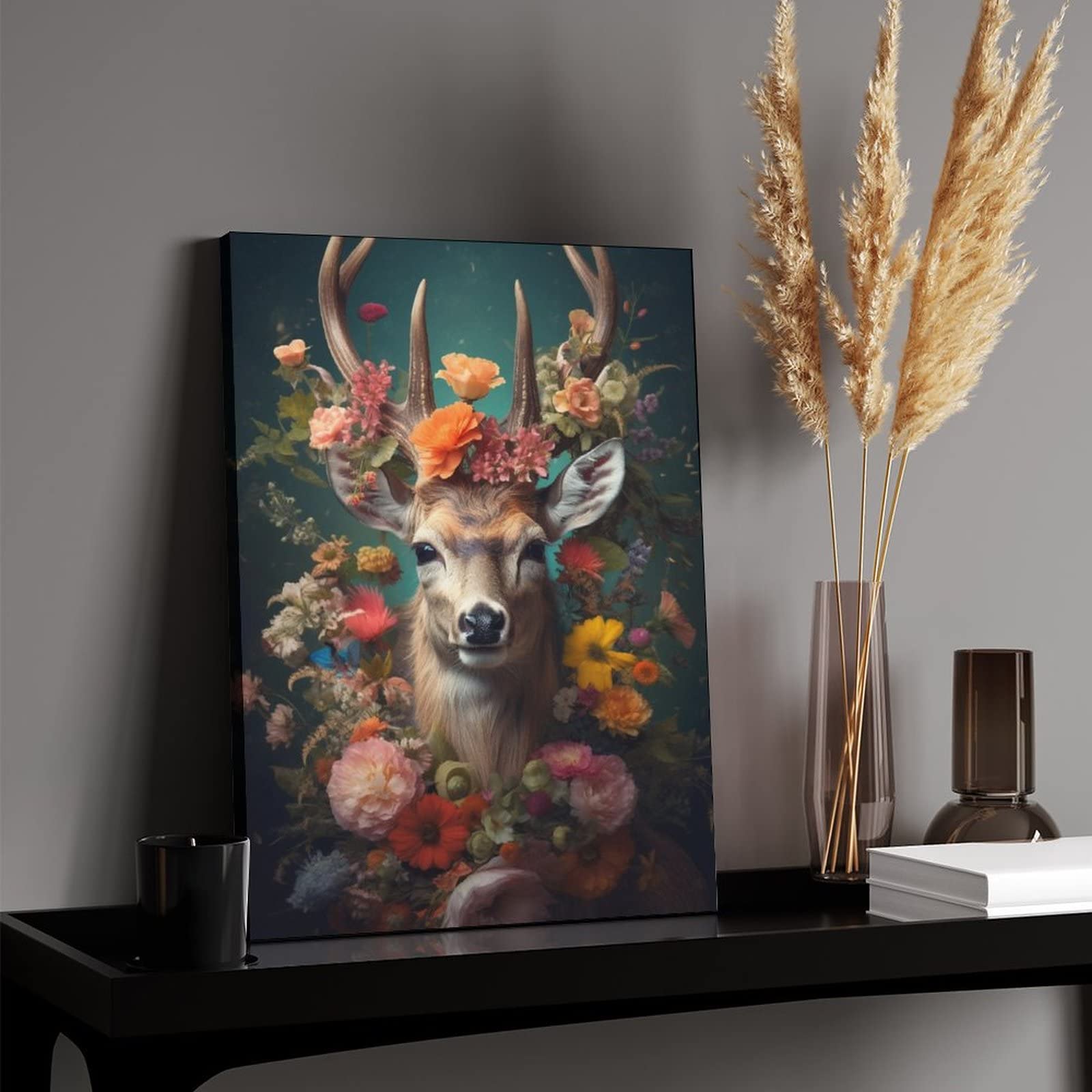 Amazon.co.jp: 絵画 花を持つ鹿インテリア 絵画 自然芸術のポート