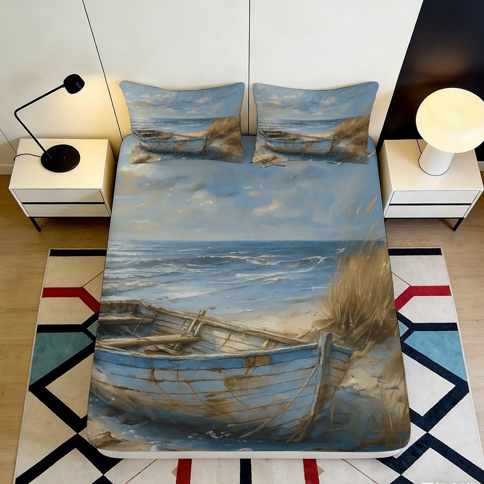 3D Printed Beach Scenery Fitted Sheet Microfiber Deep Pocket Non-Slip Bedroom Bedding Beach Scene Mattress Fitted Cover 200x200x25cm