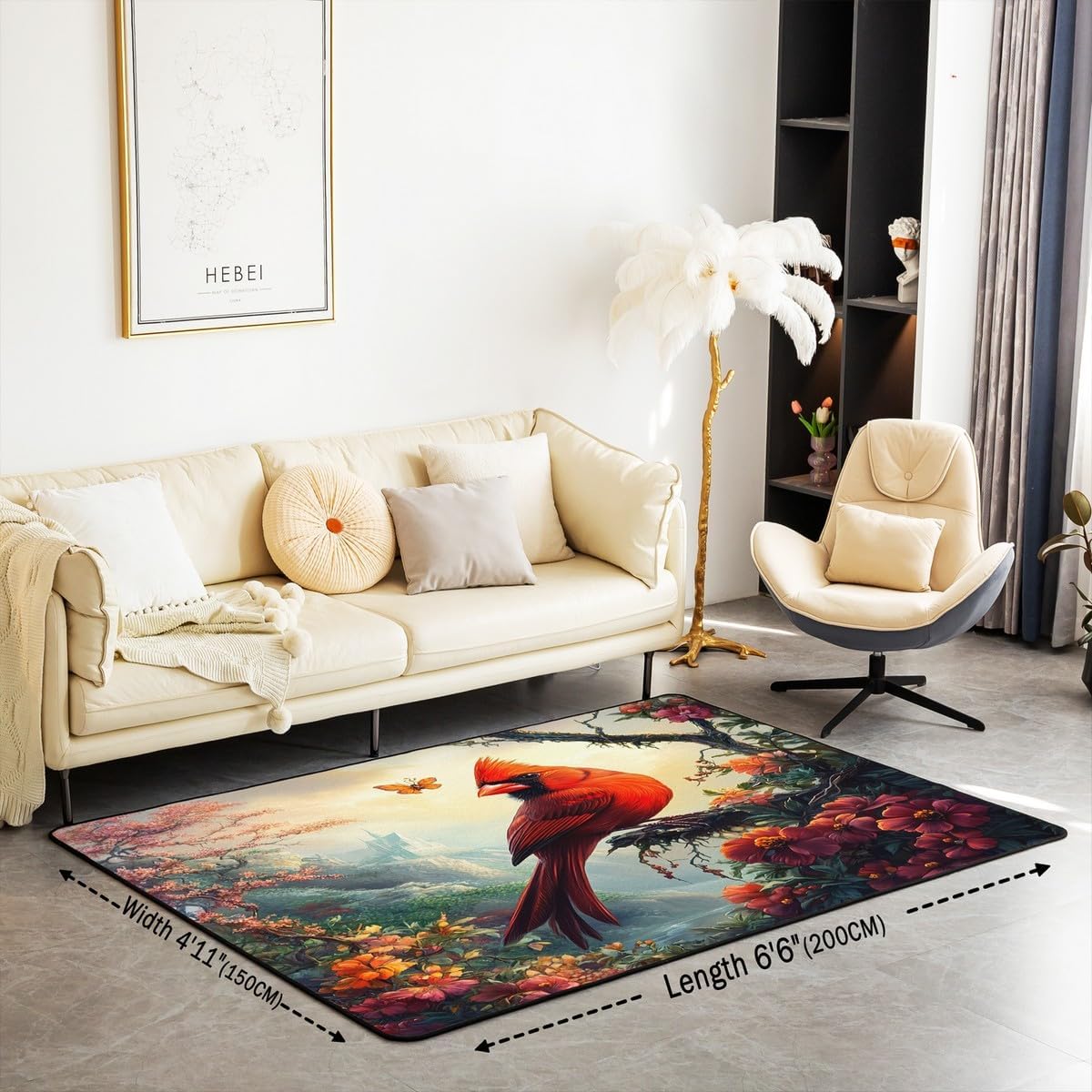 jejeloiu Red Bird Area Rug 5x7 Cardinal Bird Living Room Rugs for Kids Boys Girls Bedroom Flower Decor Carpet with Non-Slip Backing Indoor Floor Mat Soft Polyester