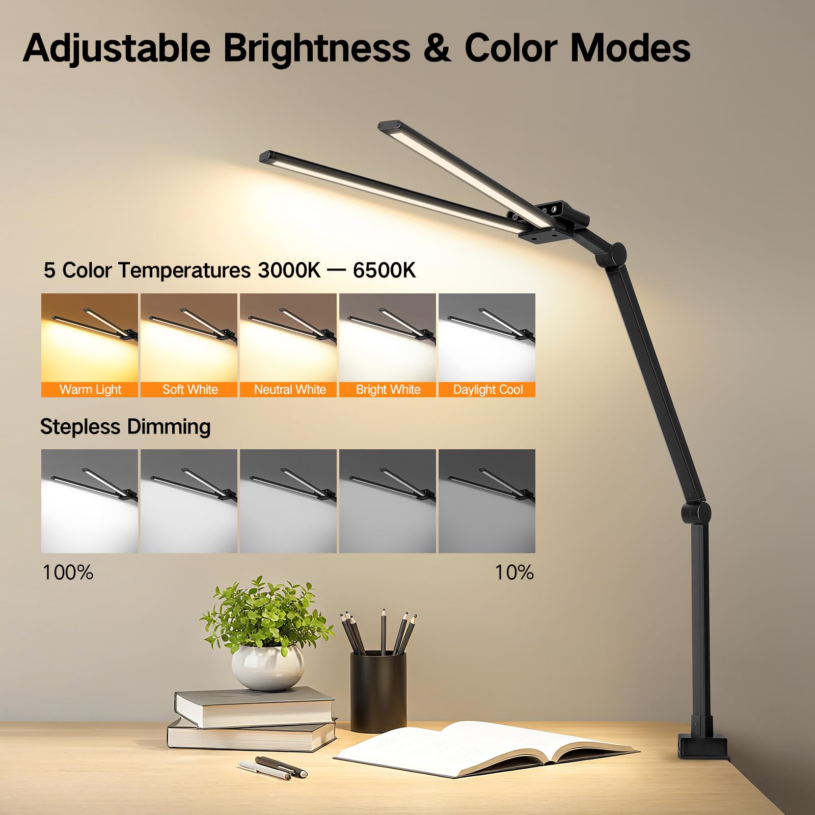 OUTON LED Schreibtischlampe Doppelkopf, Schwenkbarer Gelenkarm, USB-A & USB-C, Fernbedienung, 5 Farbtemperaturen, Stufenlos Dimmbar, Timer & Memory, Monitorlampe Büro & Homeoffice, Schwarz