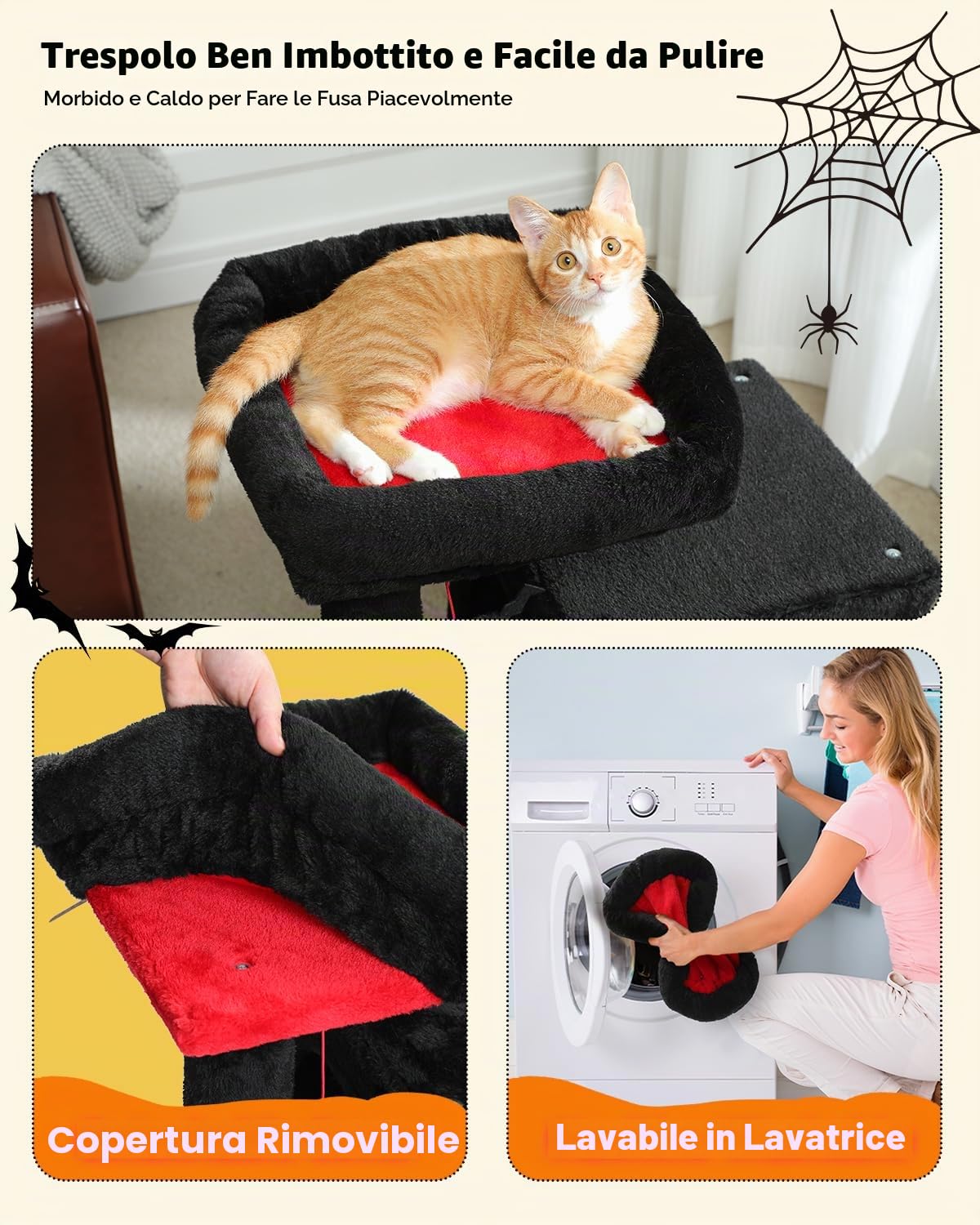 PETEPELA Tiragraffi con Dual Condos per gatti d'appartamento, casetta per gatti all-in-one con seduta imbottita, rampa per graffi e pali e palline intercambiabili, nero