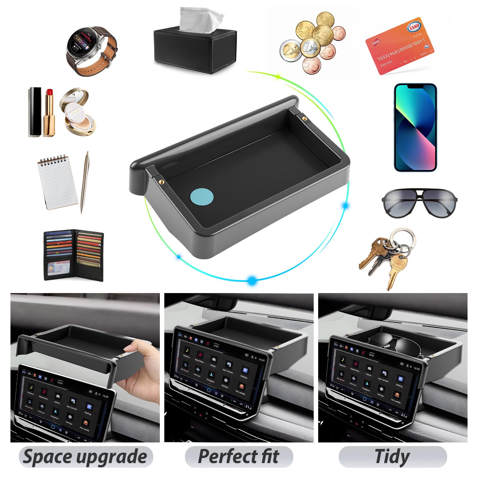 SKTU Organizzatore di Vassoio Dietro Lo Schermo Compatibile con VW Golf 8.5 2025+ | Scatola di stoccaggio della Console Centrale per Schermo Touchscreen di Navigazione 12.9" Accessori VW Golf 8.5