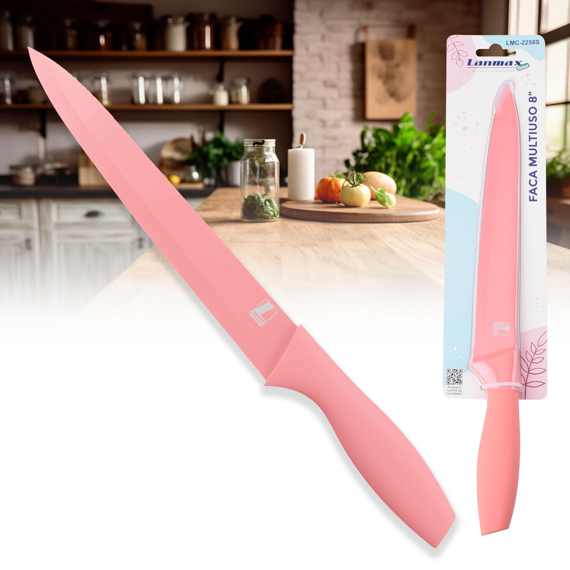 Faca De Cozinha Multiuso Inox Profissional Rosa 8" Polegadas Multi Uso Lanmax Cabo