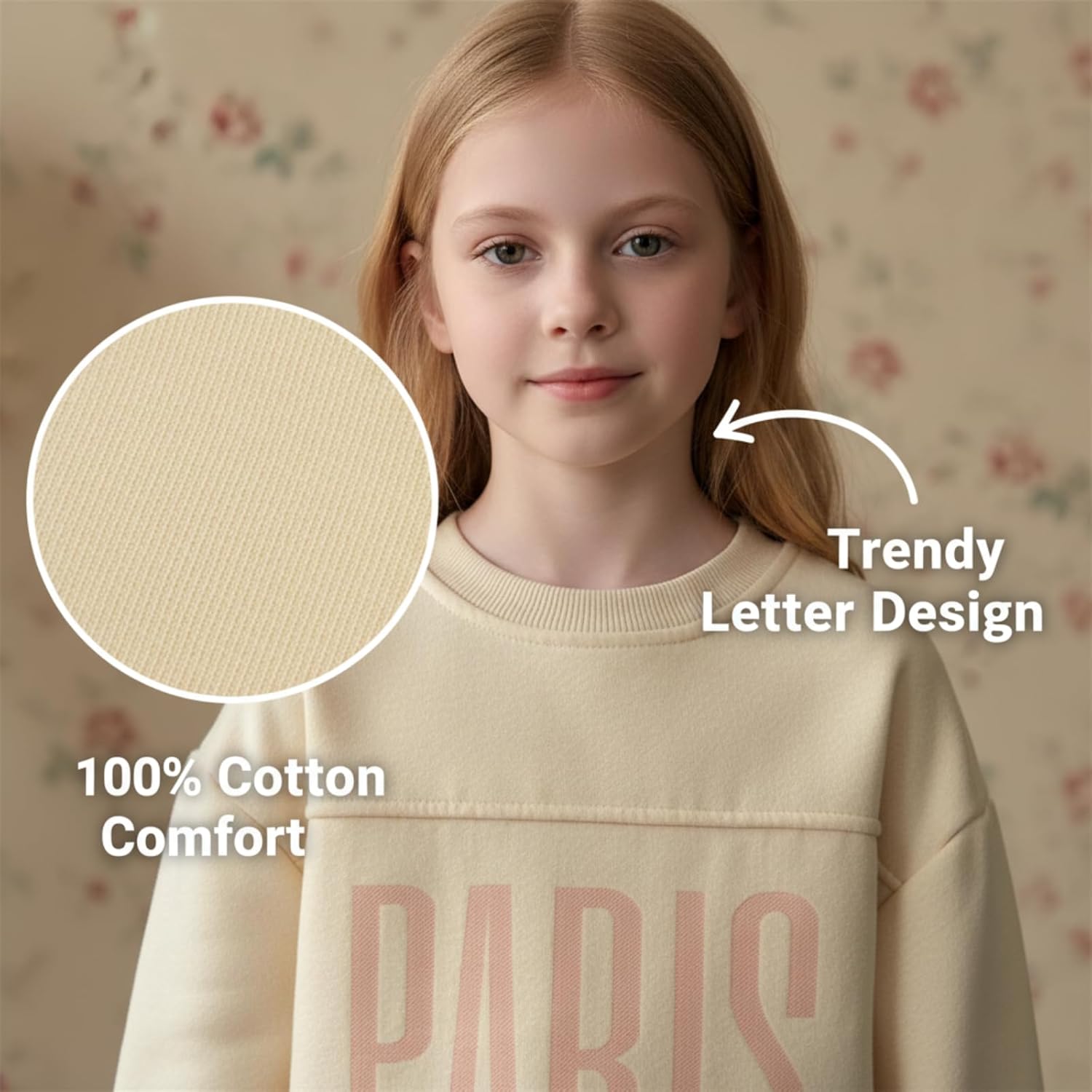 Girls Cozy Fleece Lined Sweatshirt & Sweatpants Set, Long Sleeve Crewneck Pullover Outfit with Pockets for Playwear