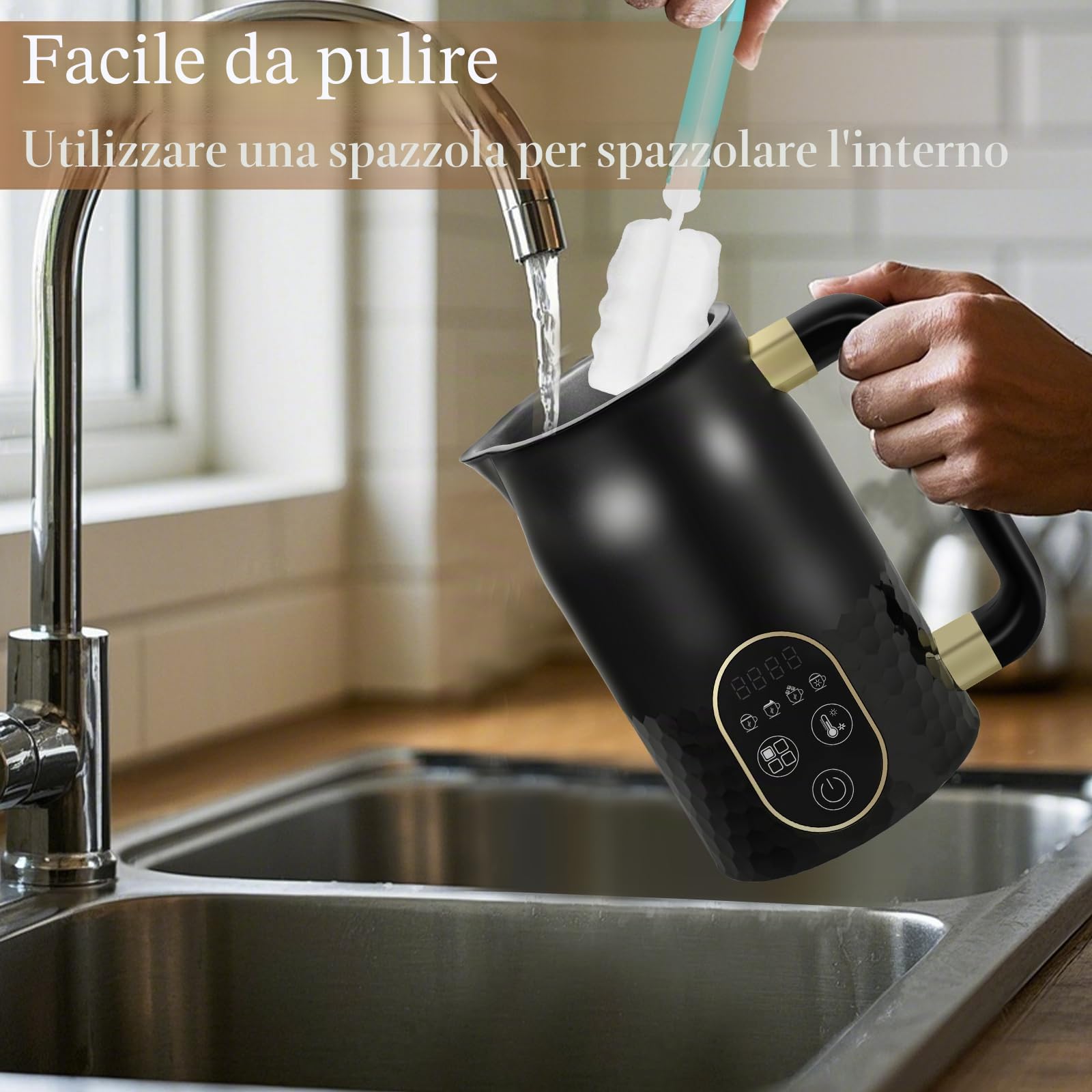 Montalatte elettrico 4 in 1 cioccolata calda con controllo temperatura, schiuma calda e fredda con 2 fruste per cappuccino, latte
