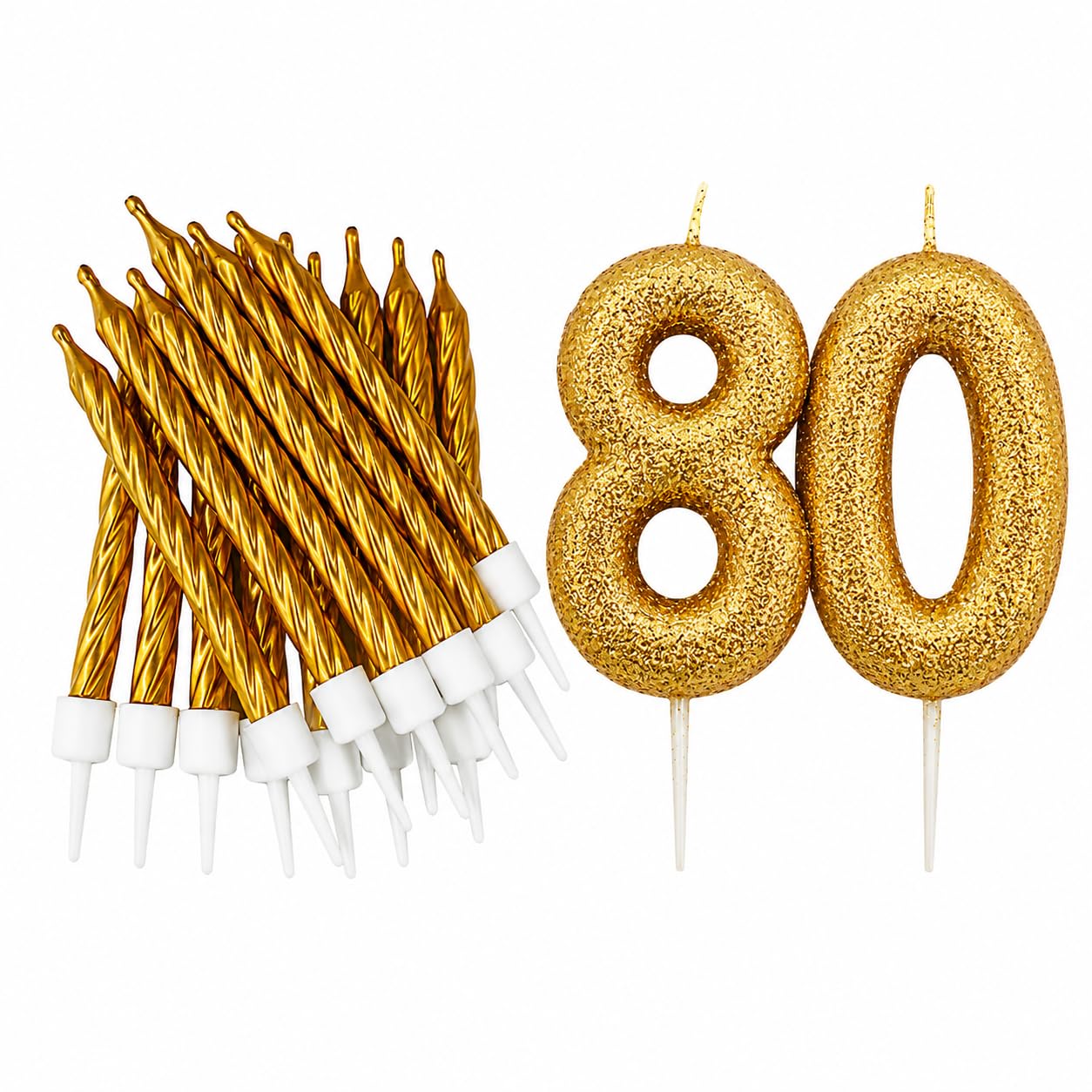 80th Birthday Gold Candle Kit, Glitter Number 80 Candle with 12 Metallic Spiral Cake Candles and Holders, Birthday Cake Decorations, Pack of 13