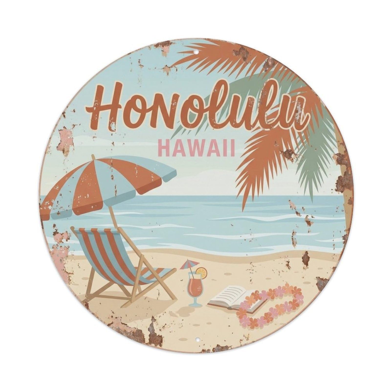 Honolulu Hawaii Beach Umbrella Tropical Travel Metal Tin Sign