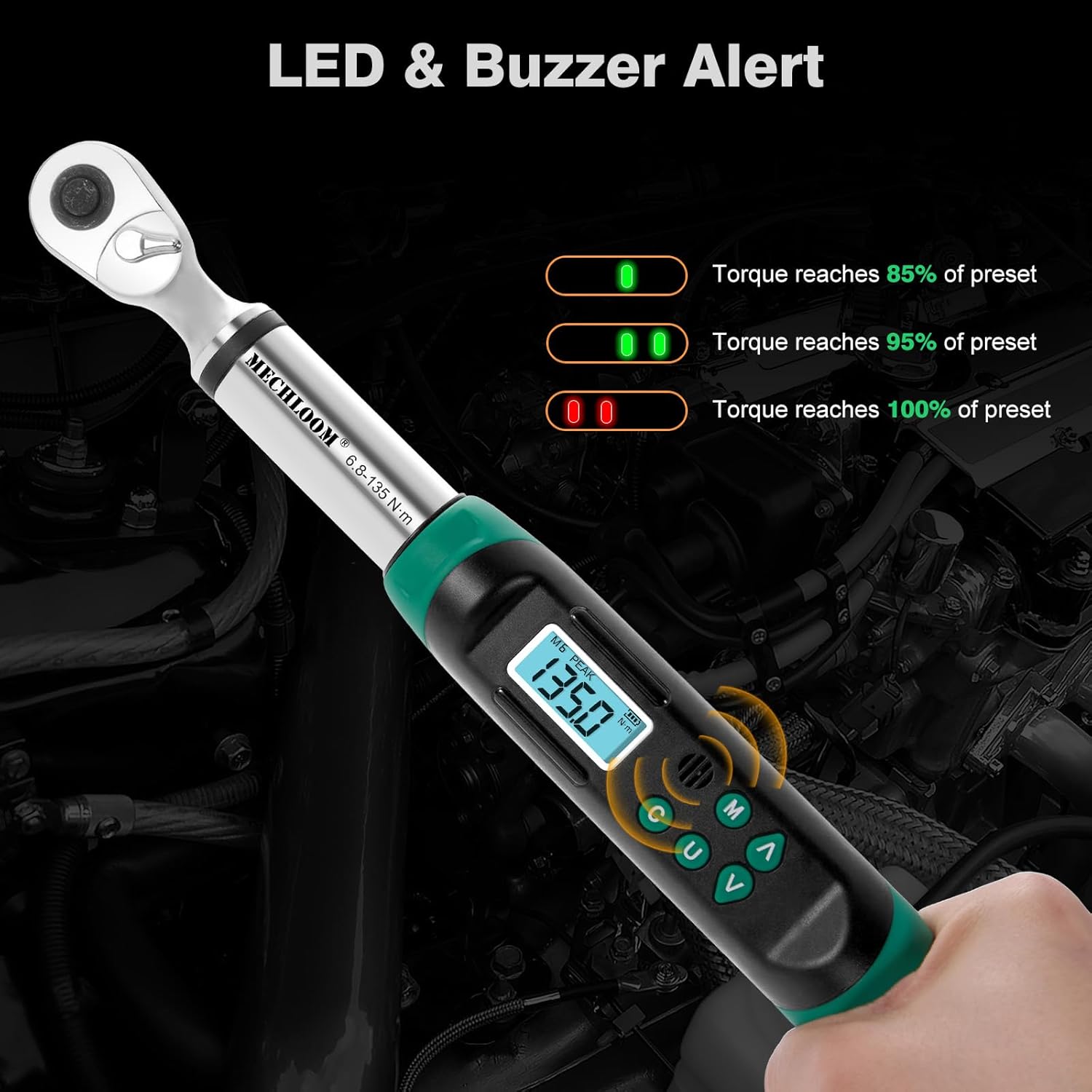 Digital Torque Wrench 3/8 Drive, 5–99.6 Ft-lbs / 6.8–135 N·m, ±2% Accuracy, Dual-Direction Ratchet, Electric Torque Wrench with Buzzer & LED Indicator for Bike, Motorcycle, Auto Repair