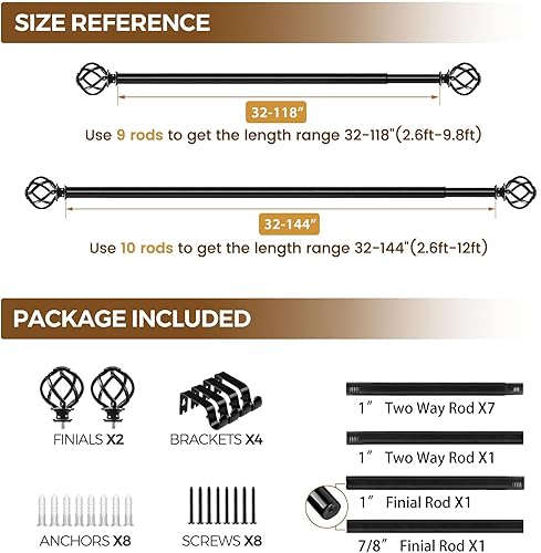 Miniatura 9 de KAMANINA Barras de cortina negras para ventanas de 72 a 144 pulgadas (6-12 pies), barra de cortina resistente de 1 pulgada de 32 a 144, barras de