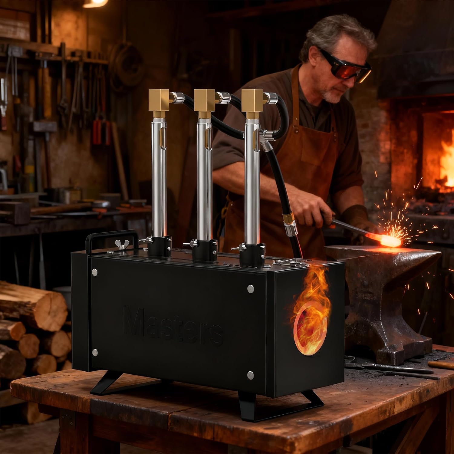 MMasters Propane Forge Kit, 2600℉ Gas Forge for Blacksmithing and Metal Forging, Portable Steel Forge with Openable Door - 3 Burner