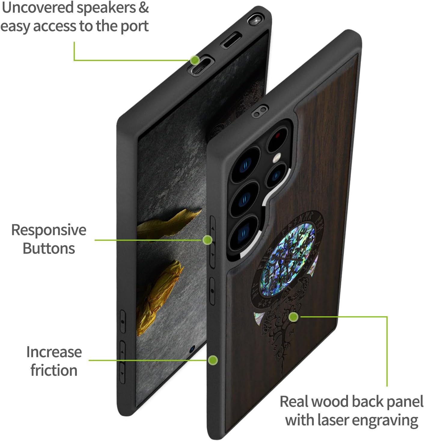 Carveit Magnetic Wooden Case for Samsung Galaxy S25 Ultra Case, Wood Artisan Engraved & Handmade Shell Inlaid, Compatible with MagSafe Wireless Chargers (Viking Symbol) Blackwood