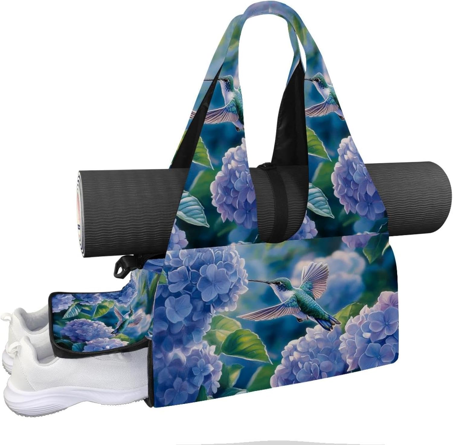 Yoga Mat Bag, Gym Workout Bag with Shoe Compartment, Hummingbird Floral Pilates Bag for Women, Quick Access Storage Yoga Tote Bag for Sports Travel Office