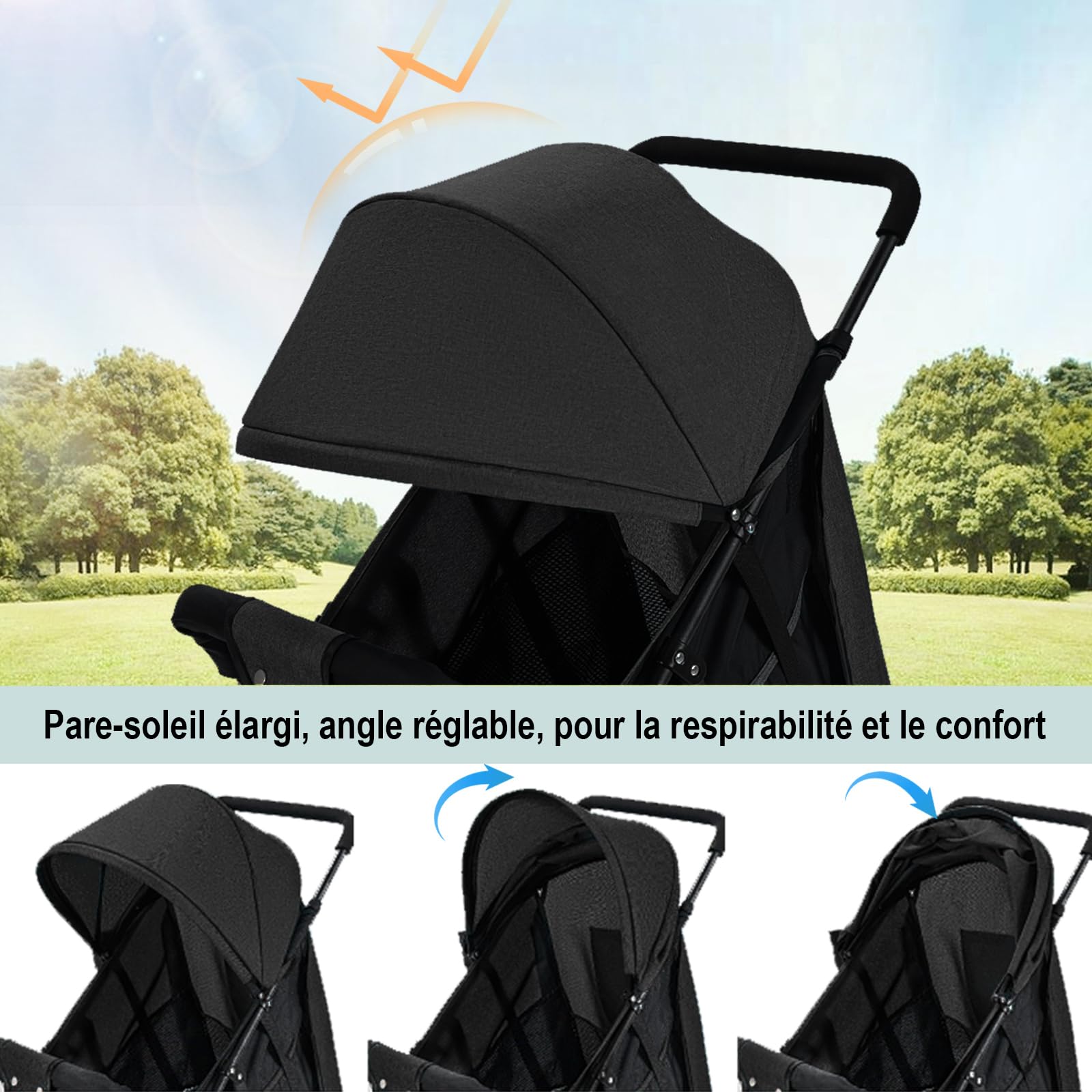 Pousstte Bébé Poussette Canne Poussette Compacte Poussette Pliable et Inclinable Roues Maniables et Légères Dossier Réglable Matériau Anti-UV Avec pochette de rangement Cadeau pour bébé, Noir