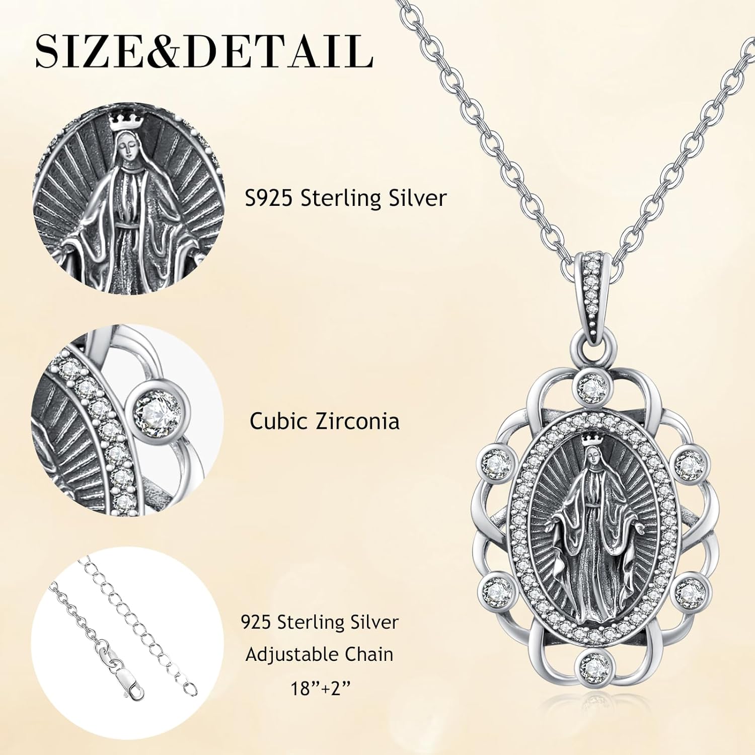 AENEAS Virgin Mary Necklace for Women Sterling Silver Virgen de Guadalupe Pendant Necklace Medalla de la Virgen Milagrosa Miraculous Medal Gift Jewelry for Her Mom Wife Birthday Christmas - Image 4