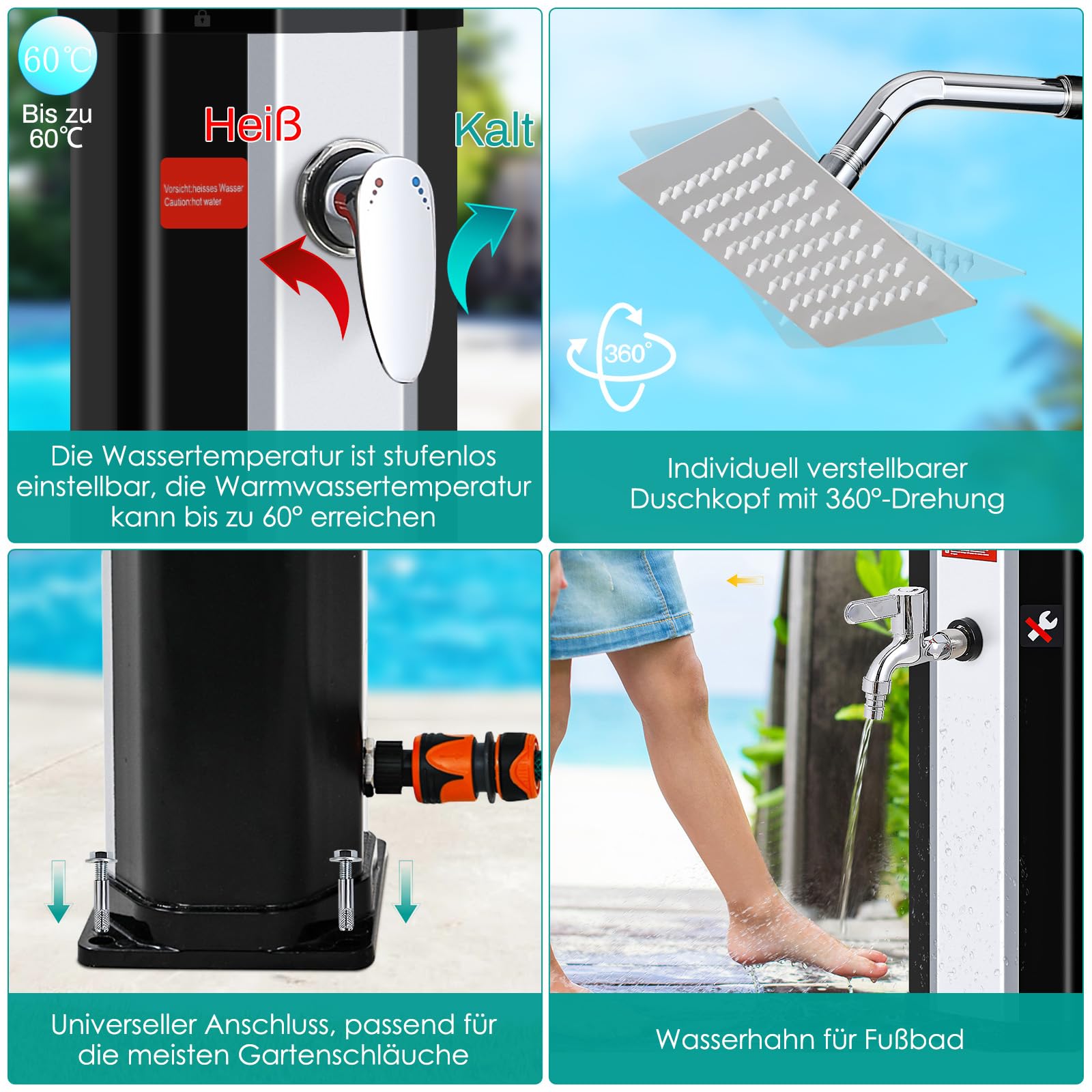 Solardusche 35 L, Gartendusche Warmwasser bis 60°C, mit Regenduschkopf, Wasserhahn, Seifenkiste & Schutzhaube, 4PCS Bodennägel, Pooldusche Camping für Garten, Balkon & Pool, ohne Stromanschluss