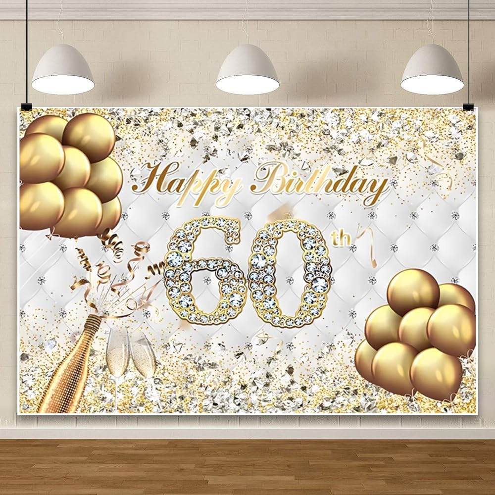 3 x 2,4 m goldener Glitzer-Hintergrund zum 60. Geburtstag, Weißgold, Diamant, Champagner, goldene Luftballons, Luxus-Fotografie-Hintergrund für Frauen, Geburtstagsparty-Dekorationen,