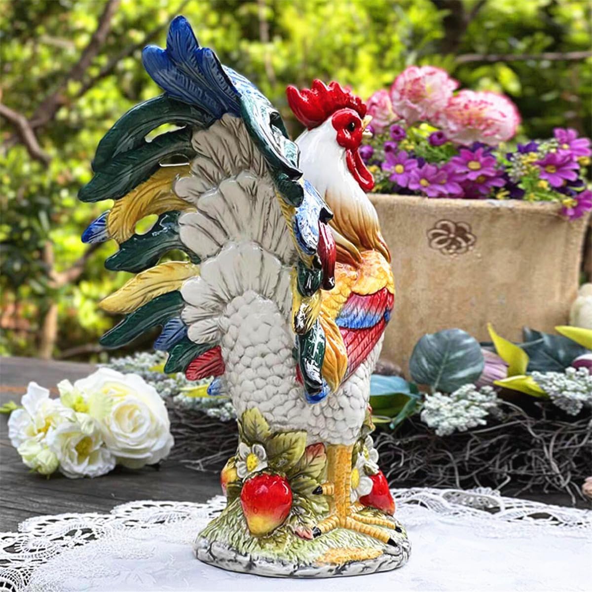 Ceramic Collectible Figurines Statue，3D Hand-Painted Large Strawberry Rooster Home Decoration -11.5H