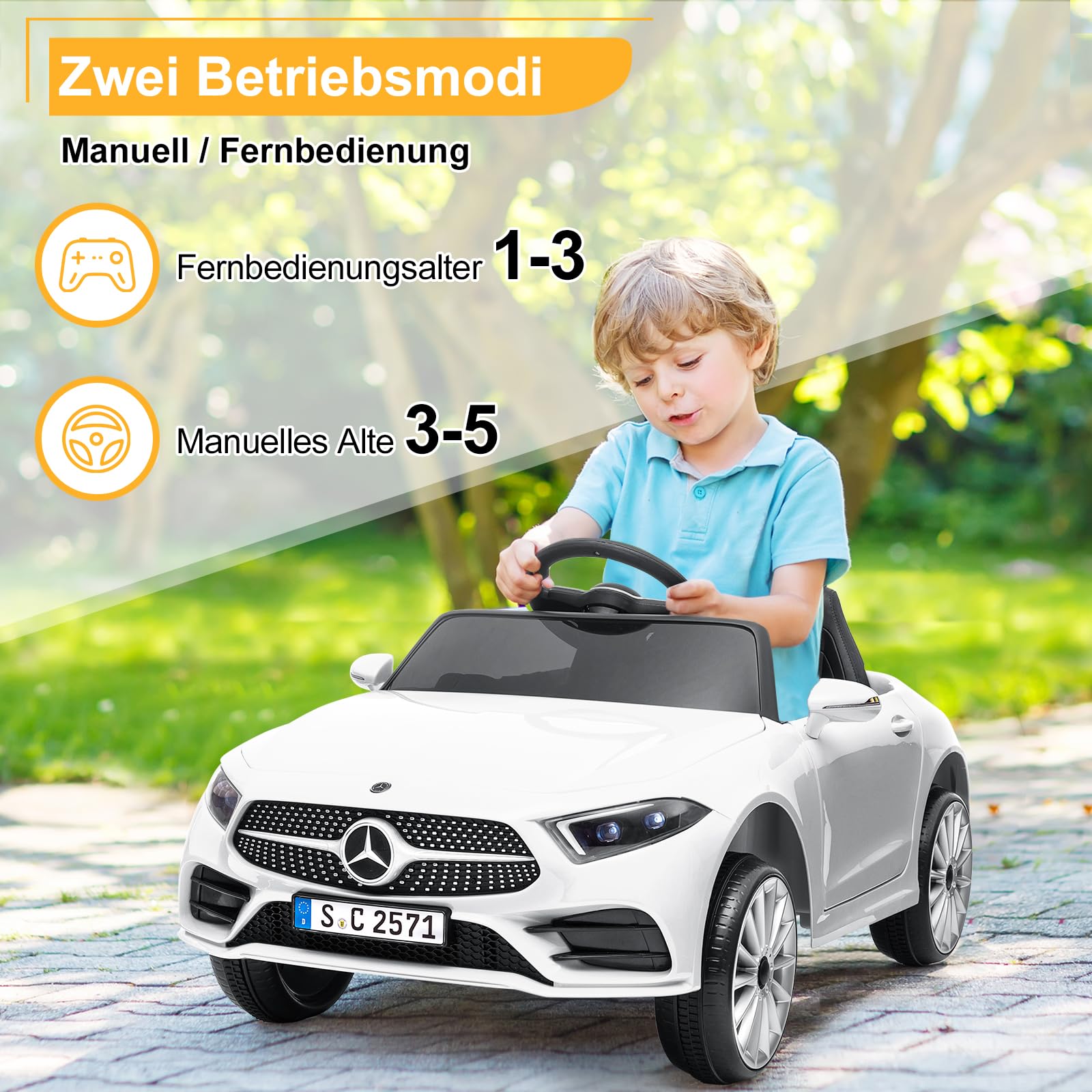 LALAHO Mercedes-Benz - Auto elettrica per bambini, 12 V, colore bianco | Telecomando 2,4 G, lettore MP3, luci LED e clacson, auto giocattolo elettrica per bambini