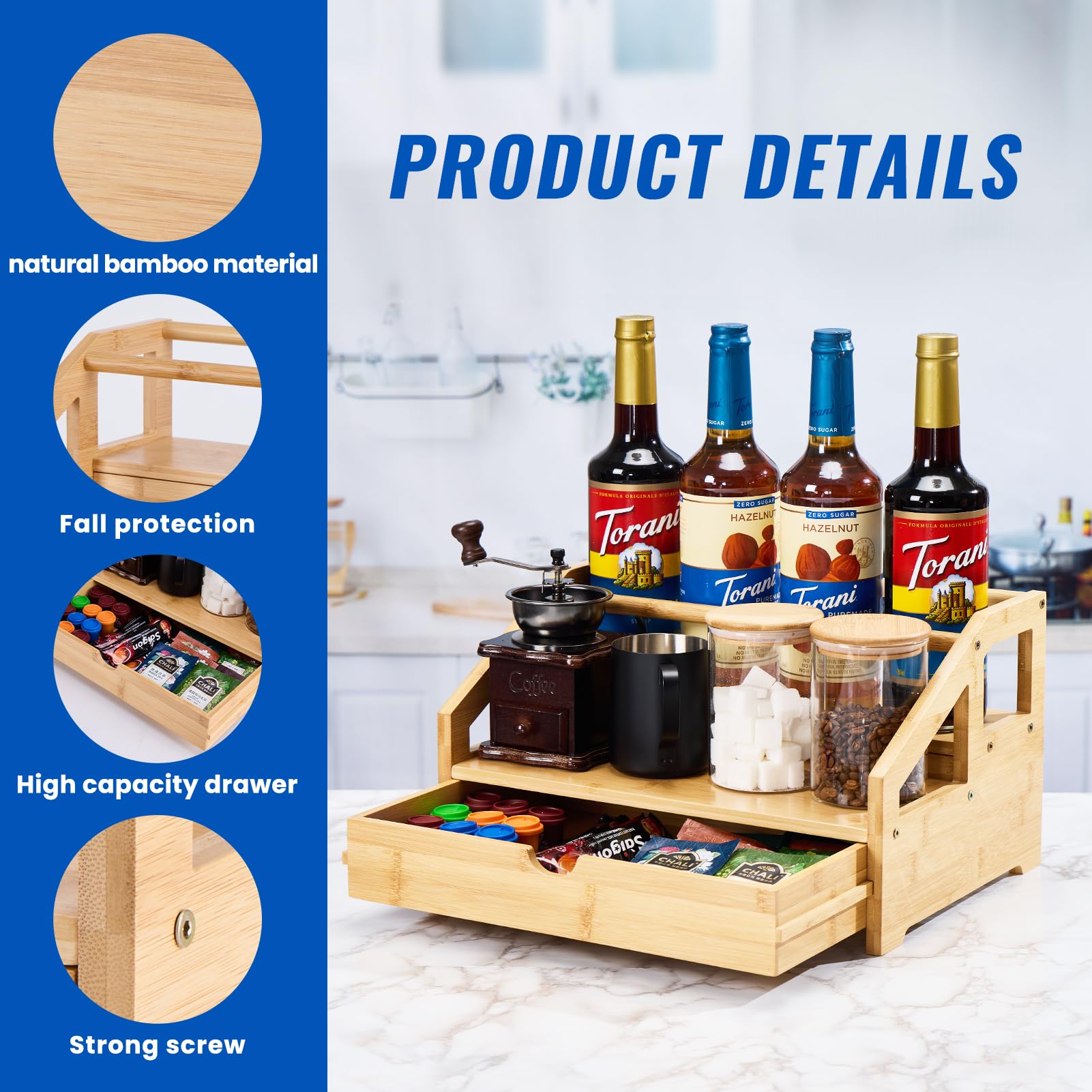 Organizador de bambú para jarabe de café, estante de 3 niveles con caja de almacenamiento de tazas, soporte para botellas para jarabes, aderezos, estación de café de cocina, natural 3
