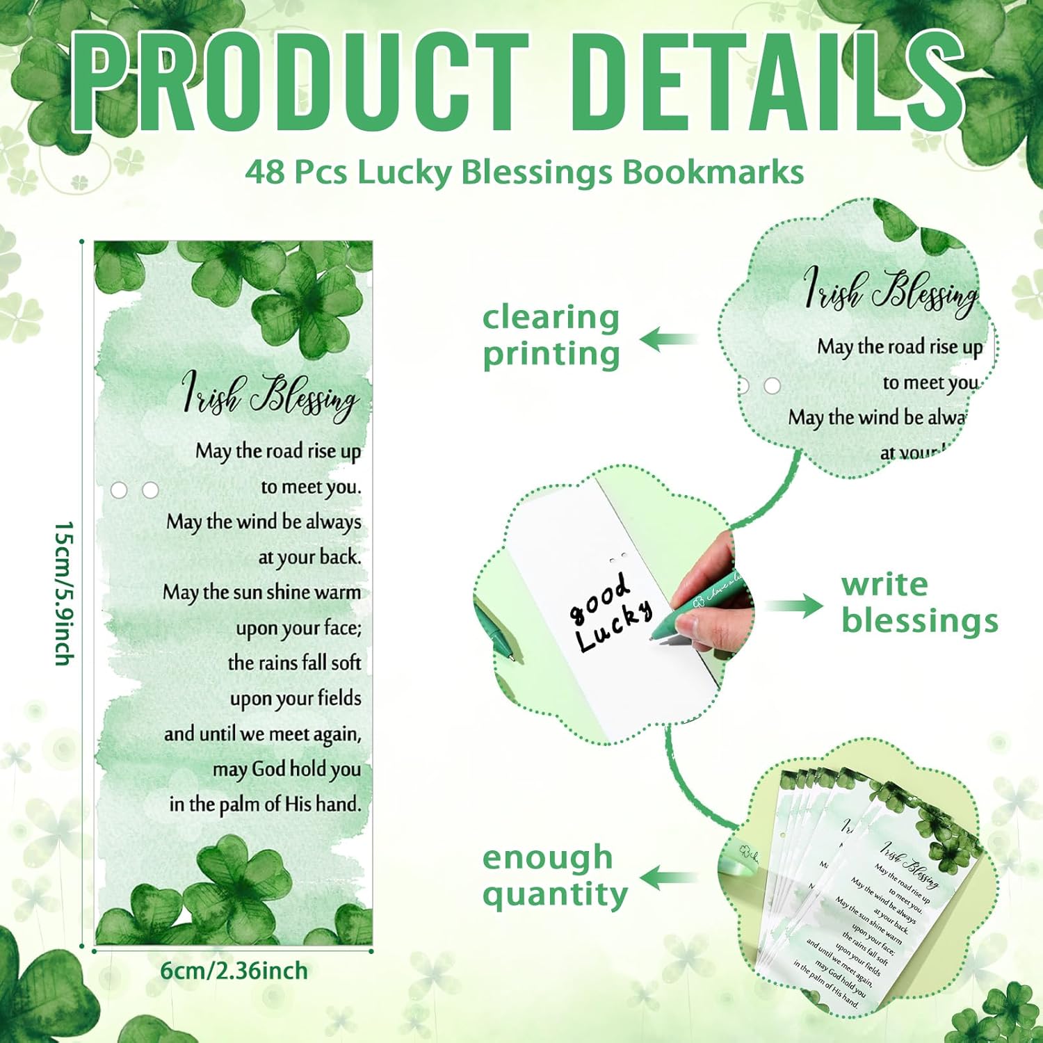 Sayglossy 144 Pcs St. Patrick's Day Party Favors Shamrock Ballpoint Pen Silicone Wristband Bracelet Green Irish Blessing Prayer Card Bulk Good Luck Clover Gift for Teacher Employee Office Supplies