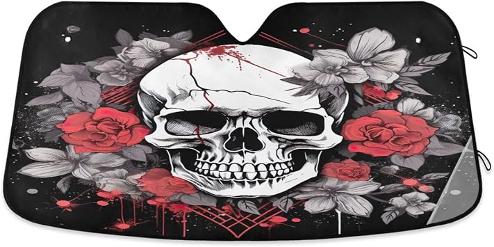 Qilmy Flower Skull Car Windshield Sun Shade Accordion Foldable Sunshade for Front Window Auto Sun Visor Bloaks UV Rays & Heat Protector Keep Vehicle Cool, 55 x 27.6 Inch