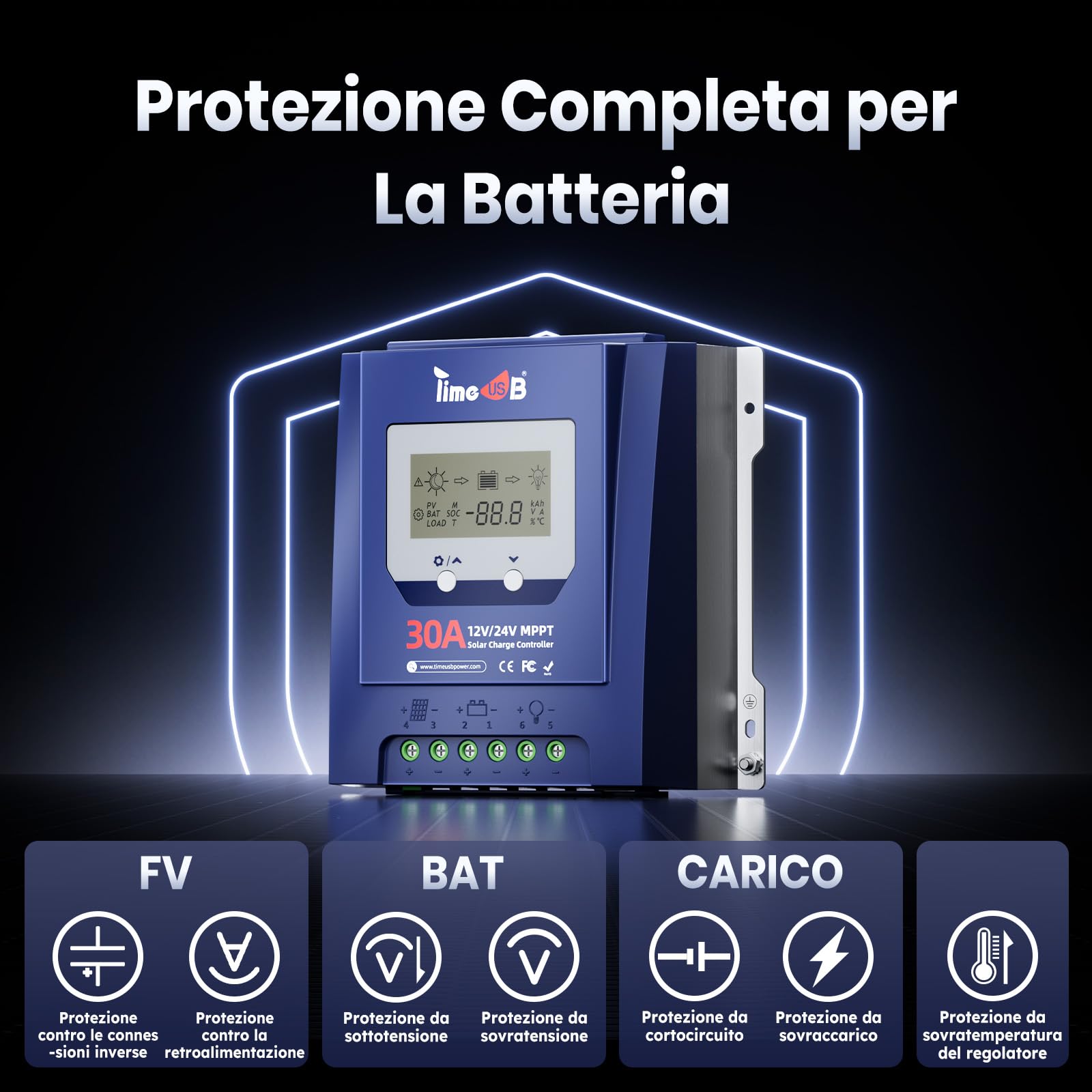 Timeusb 12/24V 30A MPPT Regolatore di Carica Solare,Riconoscimento Automatico,Tasso di Inseguimento Effettivo del 99%, Regolatore di Carica con Schermo LCD per Batterie al Litio e al Piombo-Acido