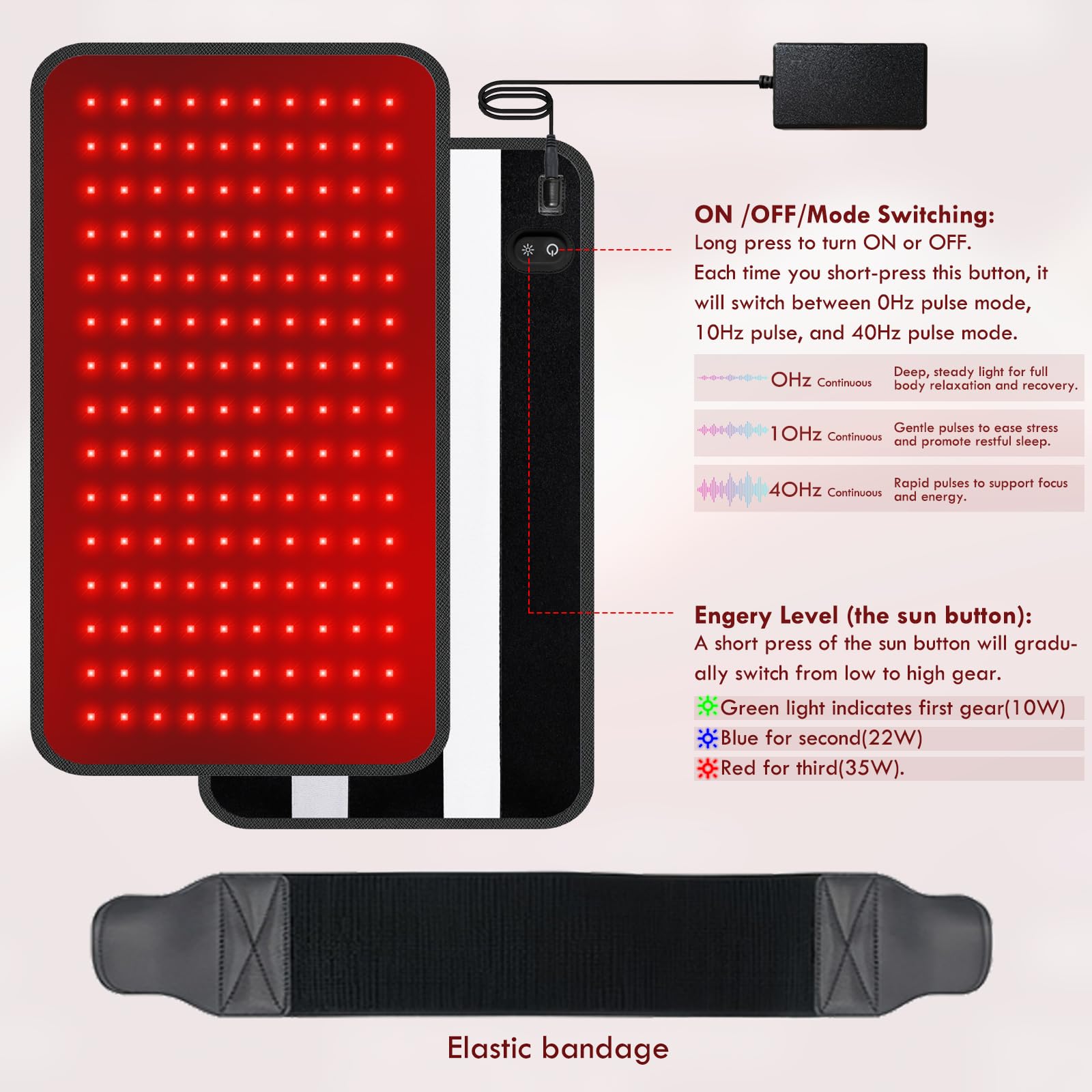 Almohadilla de luz roja, 61 cm x 30,5 cm, 150 ledes, cinturón de