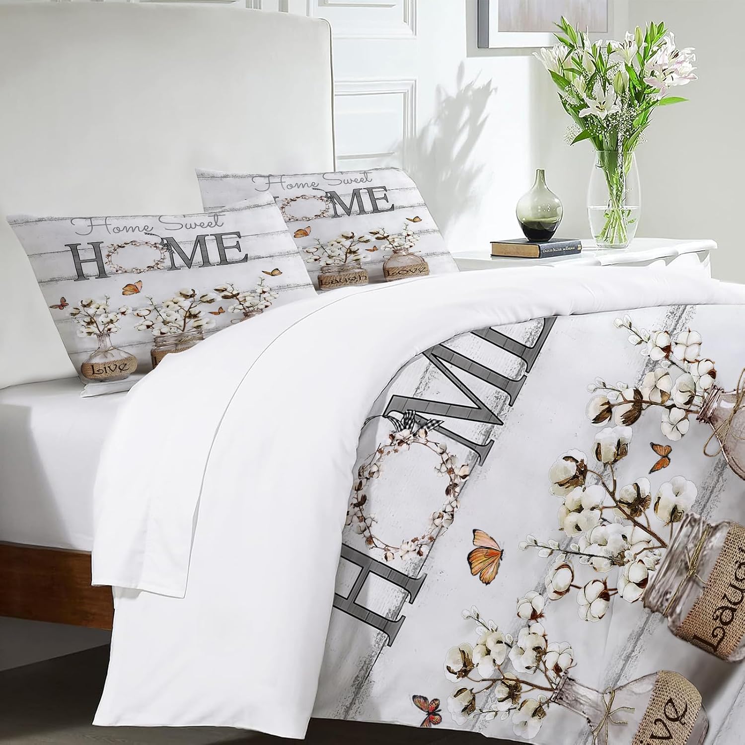 Cotton Flower Theme 3 Pieces Duvet Cover Comforter Set with 2 Pillowcase Full Size White Floral Bed Sheet Quilt Bedroom Bedding for Lover Kids
