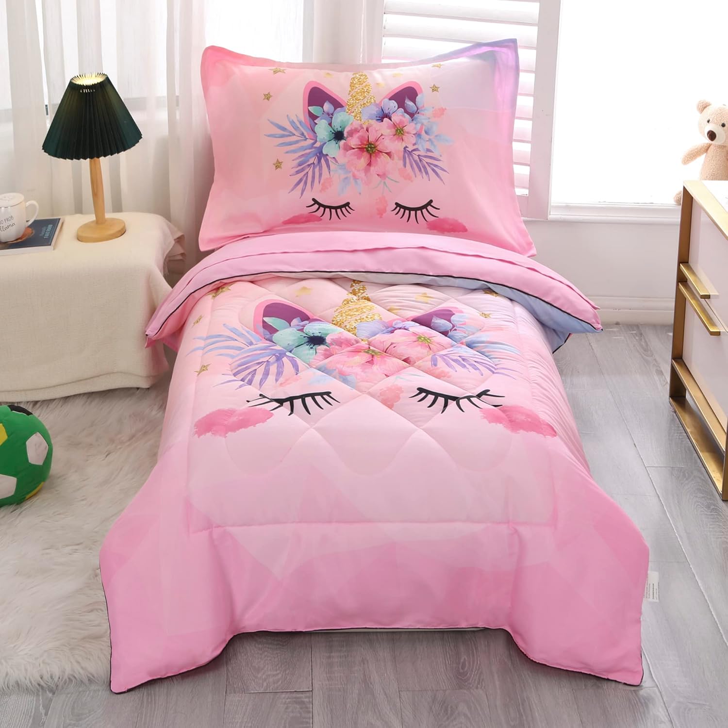 Toddler Bedding Set for Girls 4 Piece Pink Cartoon Unicorn Toddler Comforter Set for Baby Kids Crib Toddler Bed Sheet Set Bed-in-a-Bag with Quilted Comforter, Flat Sheet, Fitted Sheet, Pillowcase | Toddler Bedding, Unicorn Bed Set, Toddler Comforter, Baby Comforter, Crib Bedding Set, Toddler Sheet Set