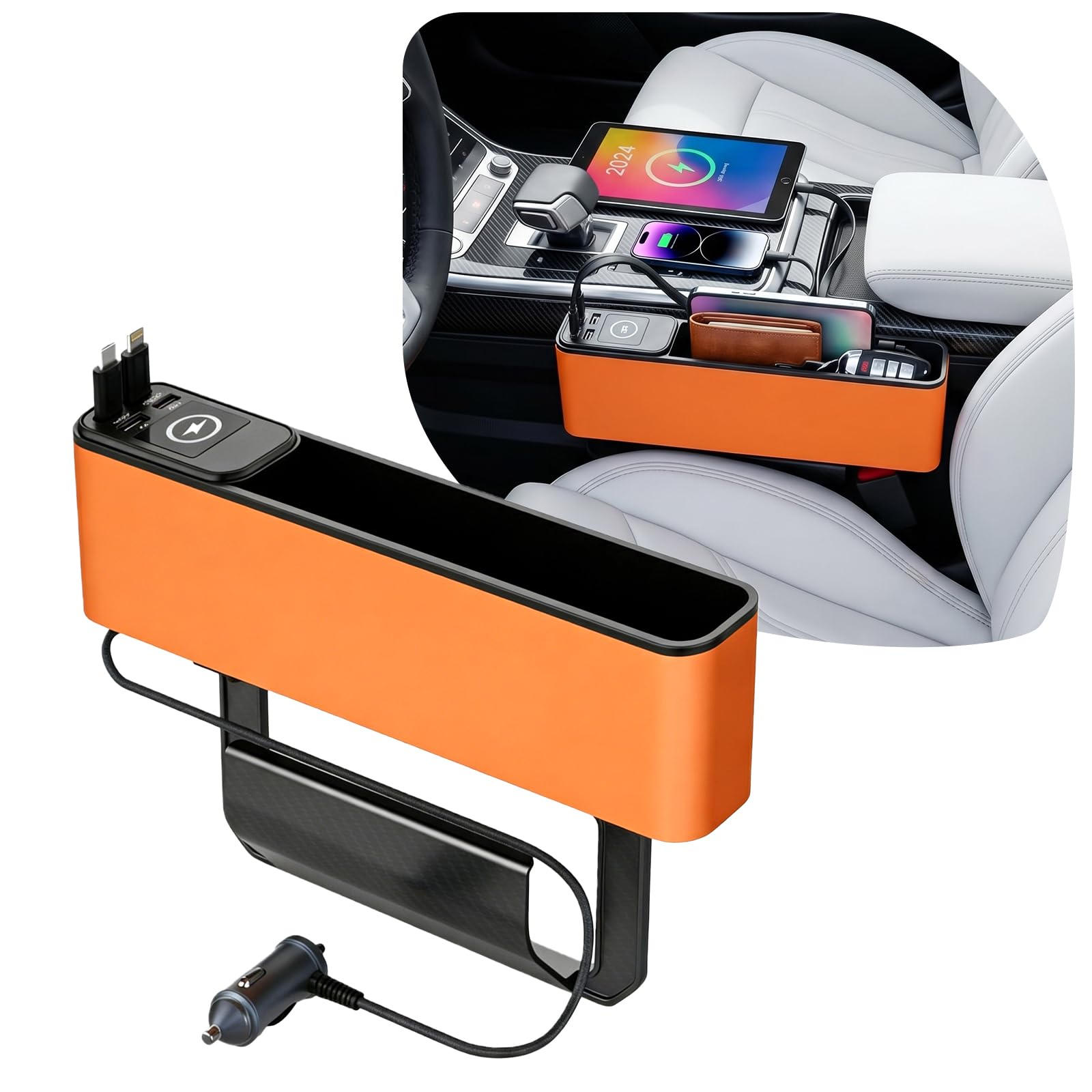 Cargador retráctil de coche de 75 W con relleno de espacio para asiento de coche, adaptador de carga rápida 4 en 1, cable PD USB C integrado de 36 W y organizador de almacenamiento para teléfono/gafas
