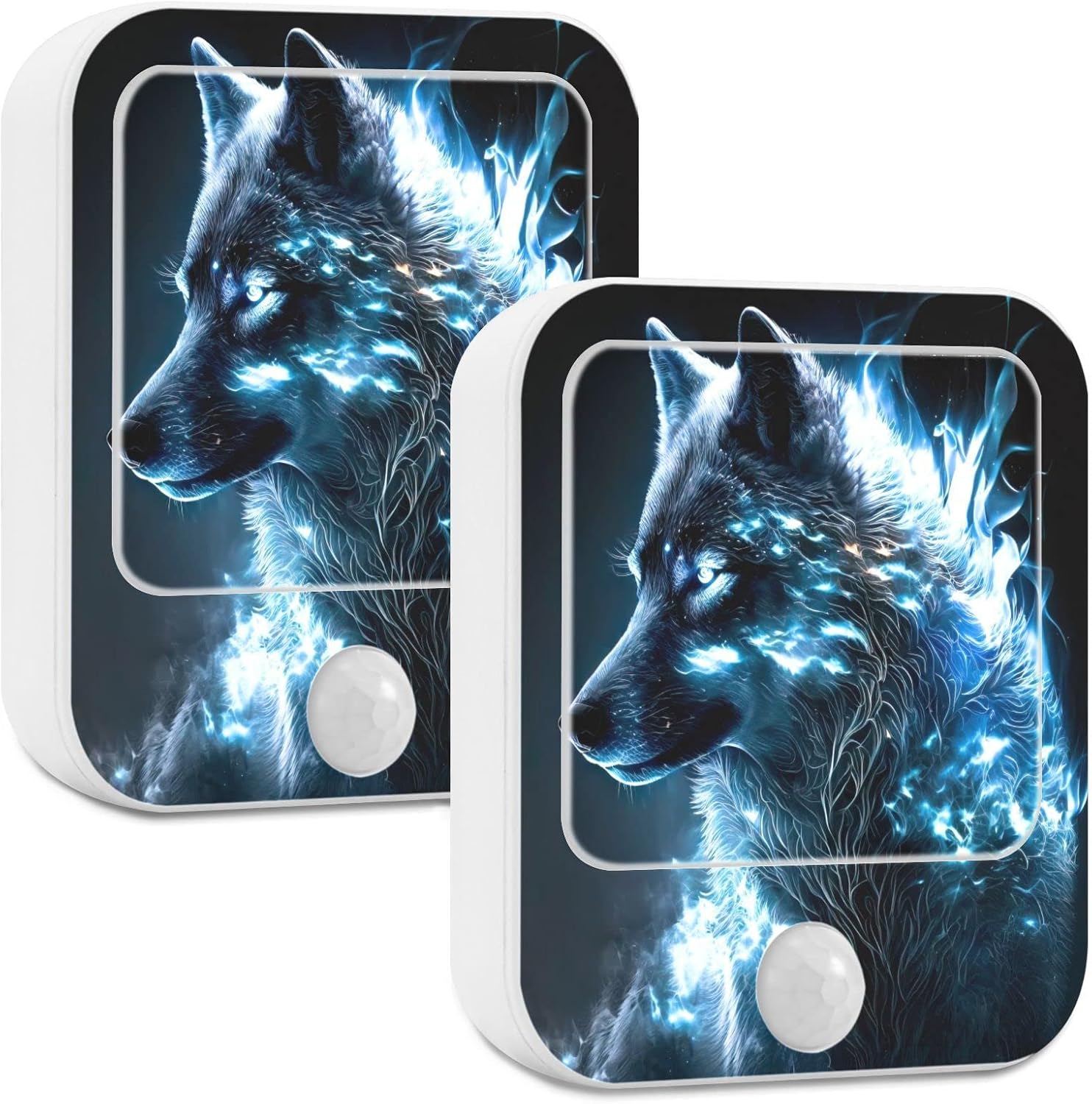 Ice Shinning Wolf Night Lights Motion Sensor & Dusk to Dawn Sensor Plug into Wall Night Lamp Dimmable Sleep Friendly 2 Pack