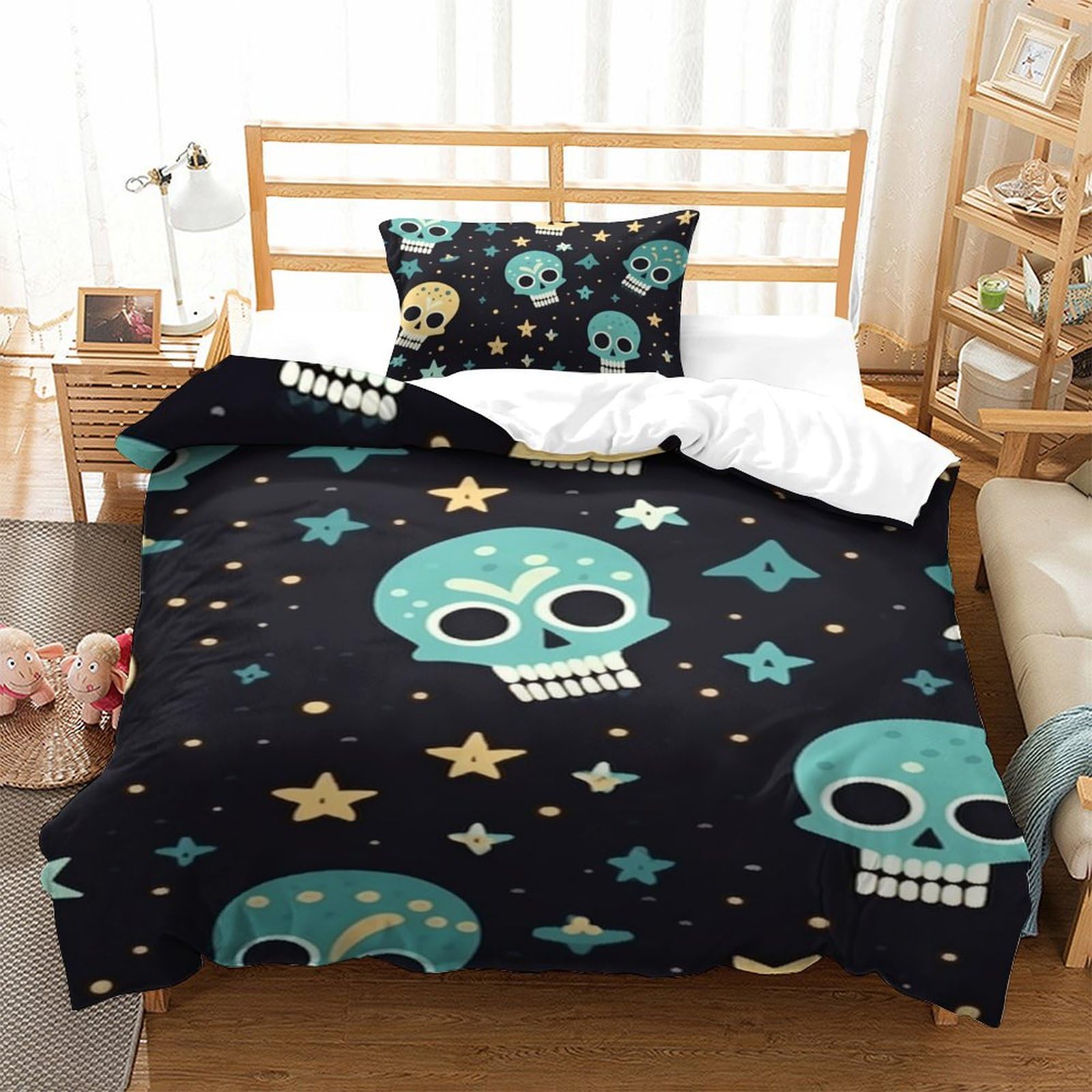Housse de couette tête de mort 135x200 cm parure de lit microfibre style rock pour chambre