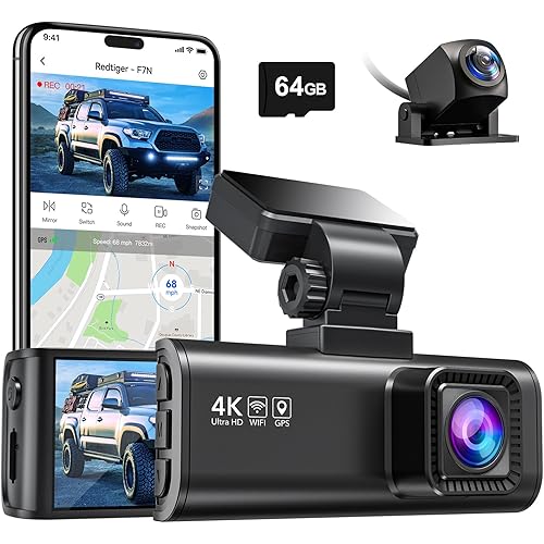 REDTIGER F7N 4K Dual Dash Cam with 64GB Card, Built-in WiFi GPS Front 4K/2.5K and Rear 1080P Dual Dash Camera for Cars,3.18 inch Screen,170° Wide Angle, Parking Monitor, Support 256GB Max
