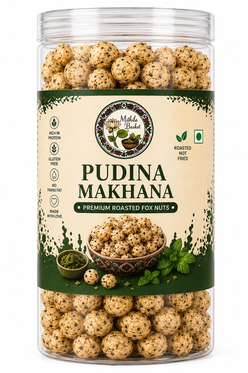 Mithila Basket Pudina Roasted Makhana (80g Jar) | Roasted in Pure Olive Oil | Refreshing Mint Fox Nut Snacks | Digestive Friendly Superfood | Indian Namkeen Phool Makhana | Weight Loss Friendly-image-13