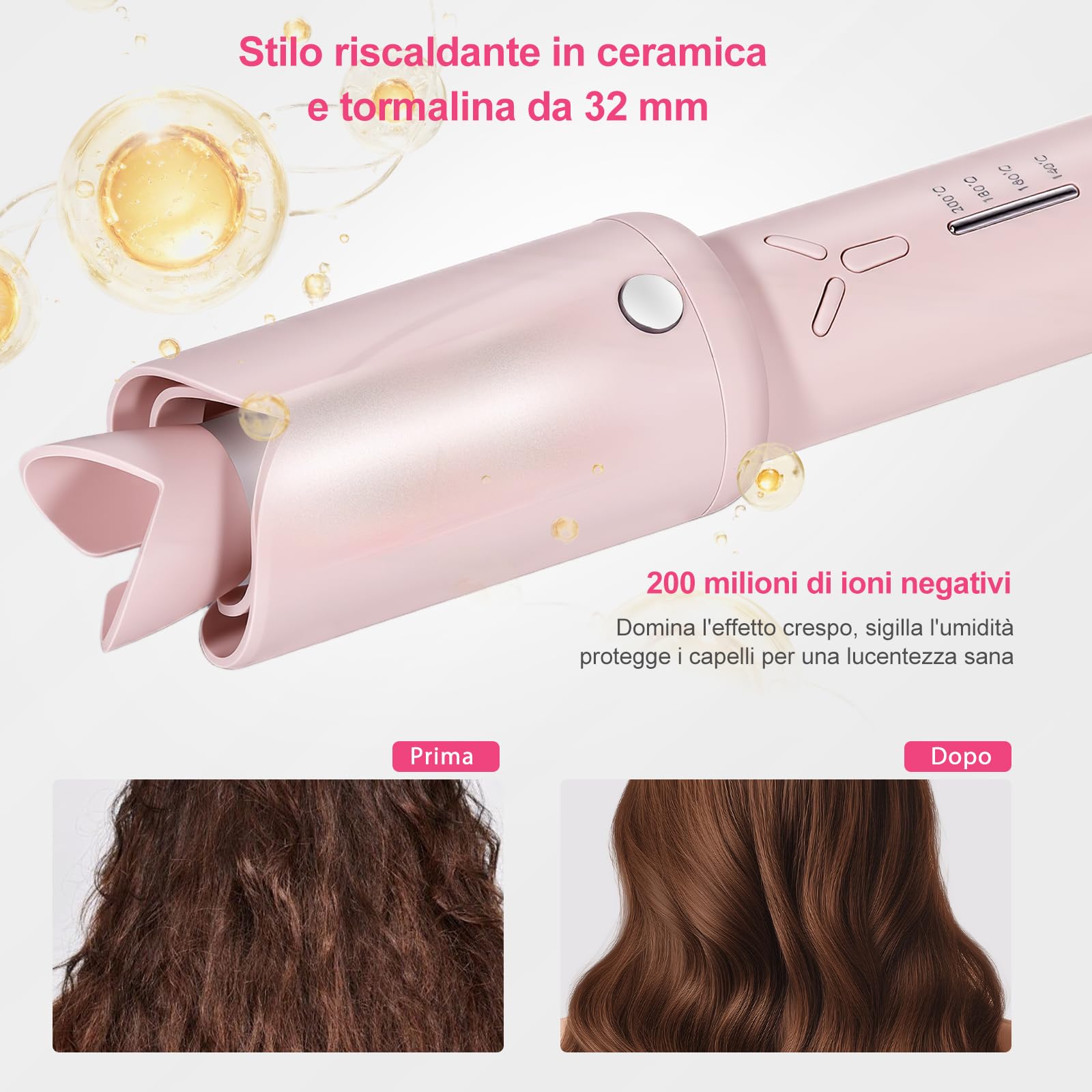 Arricciacapelli Automatico Senza Fili 32mm– Per Capelli Lunghi e Corti, Ceramica Tormalina, 2 * 2600mAh, USB-C, 4 Temperatura (140-200°C), 350g, Arricciacapelli Automatico da Viaggio