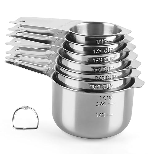 Stainless Steel Measuring Cups Set of 7, Stackable Measure Cups Kitchen Gadgets for Cooking Baking Supplies Tools, Nesting Metal Cup Spoons Easy to Read Markings for Dry & Liquid Measurements Baker - Silver - 7pcs