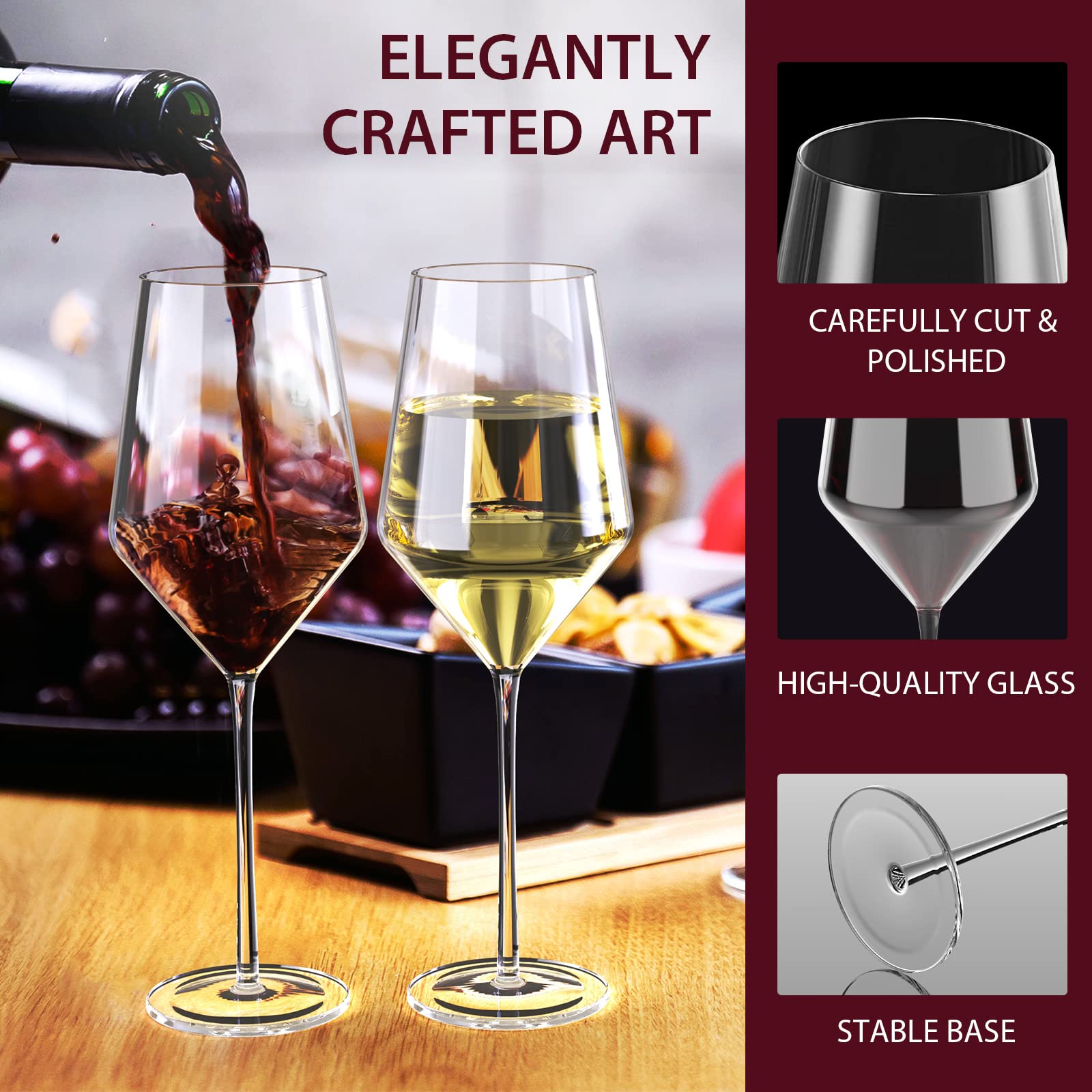 Hand Blown Italian Red Wine Glasses 15 Ounce 9'', KOIOS Large White Wine Glasses Lead Free Clear