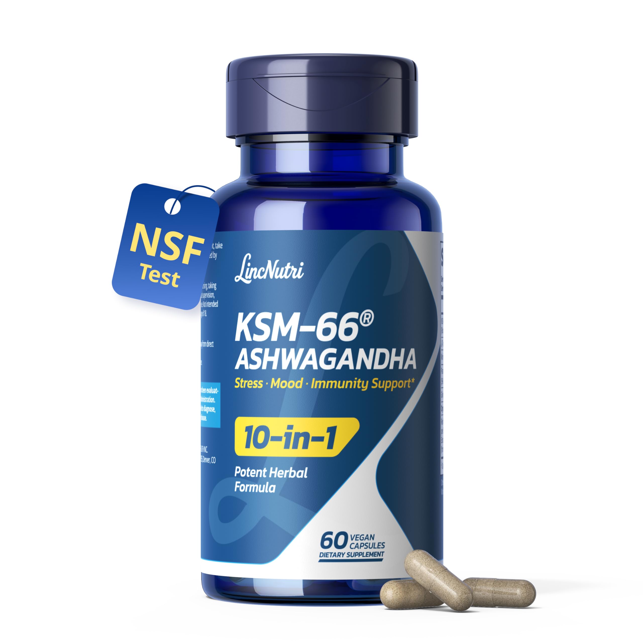 KSM-66 Ashwagandha Supplements | Ashwagandha Root Extract for Women & Men | 10-in-1 Adaptogen Complex for Cortisol Manager, Stress, Energy & Immune Support | 60 Vegan Capsules