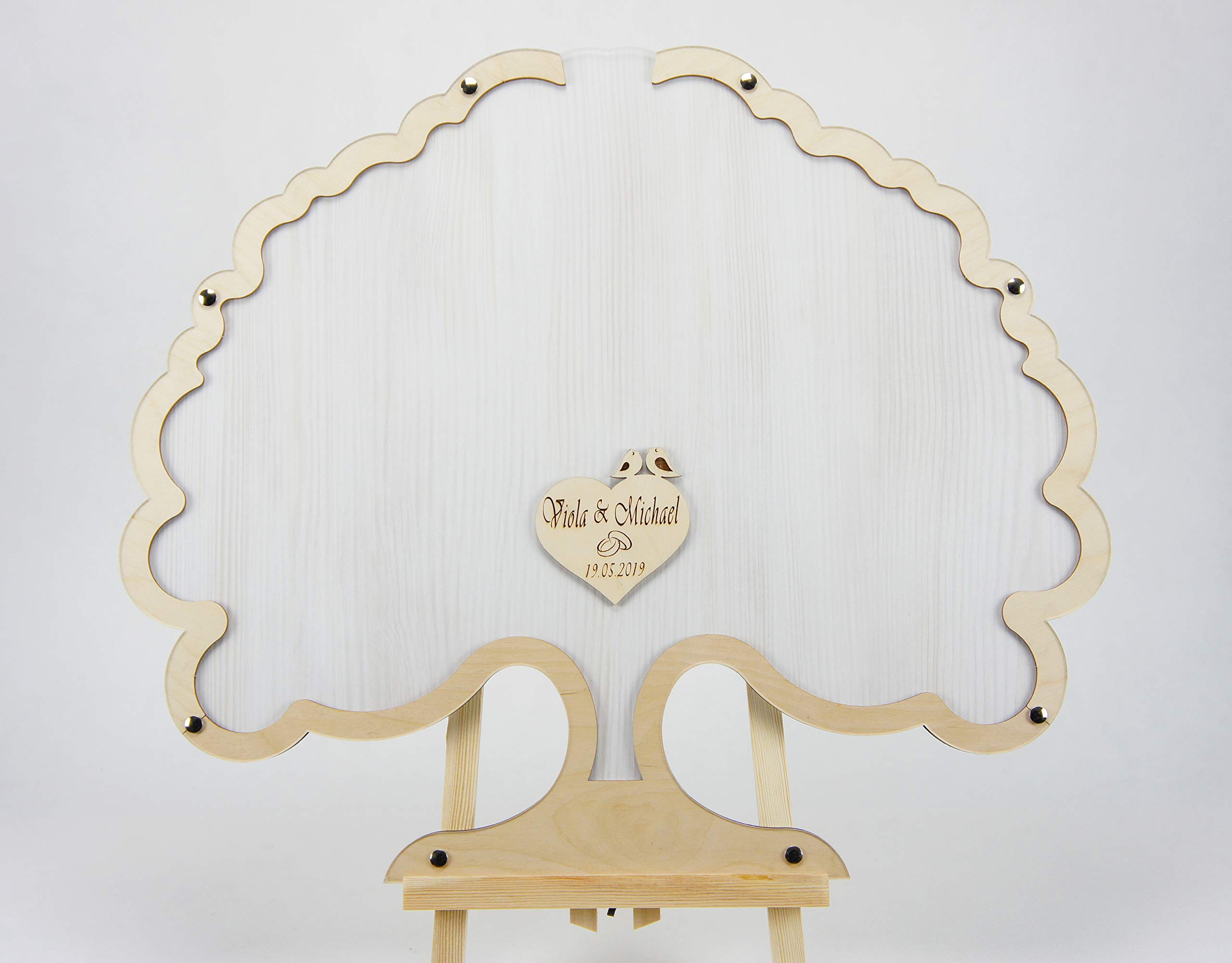 Edles Hochzeitsgästebuch, Eiche Vintage, Personalisierbar mit Wunschgravur, Baumform, 100 Holz Blätter, 60x50cm