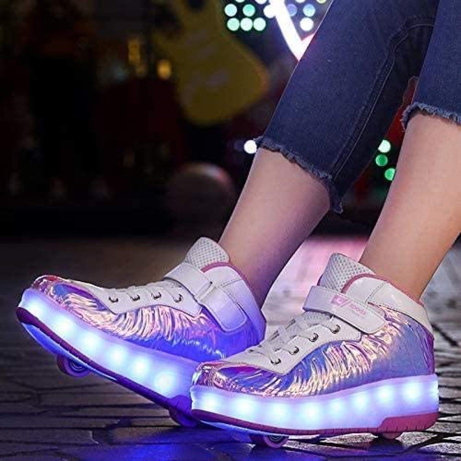 Zapatillas De Skate LED con Ruedas Dobles Zapatillas De Skate Zapatillas con Ruedas LED Niños Niños Niñas Gimnasia Al Aire Libre Zapatillas De Moda Técnica,Pink-35 EU