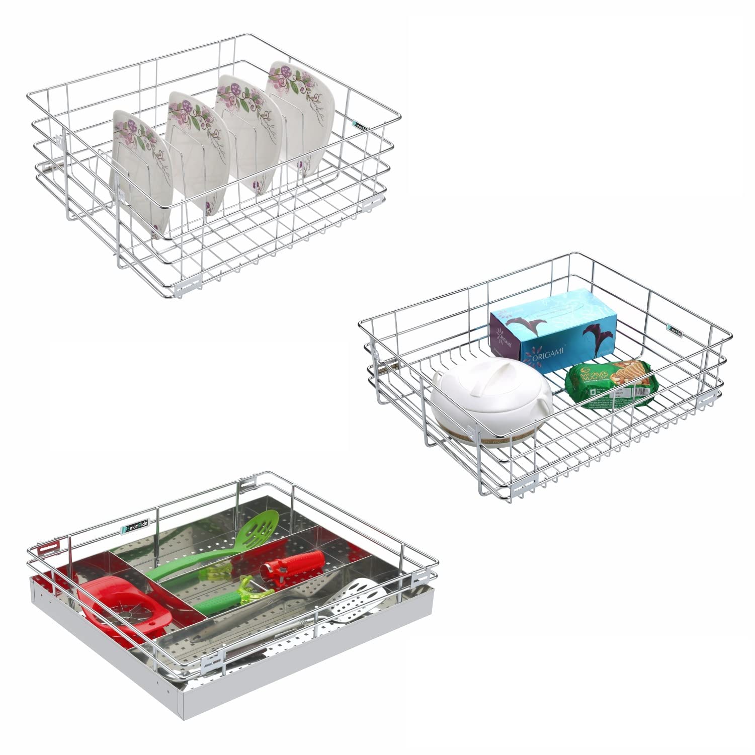 SmartSlide Pack of 3 Modular Kitchen Basket 6 MM/Cutlery Tray For Kitchen Drawer/Plate Basket/Kitchen Drawer Organizer/Dish Rack/Utensil Rack/Bartan Basket (17 x 20 Inch)