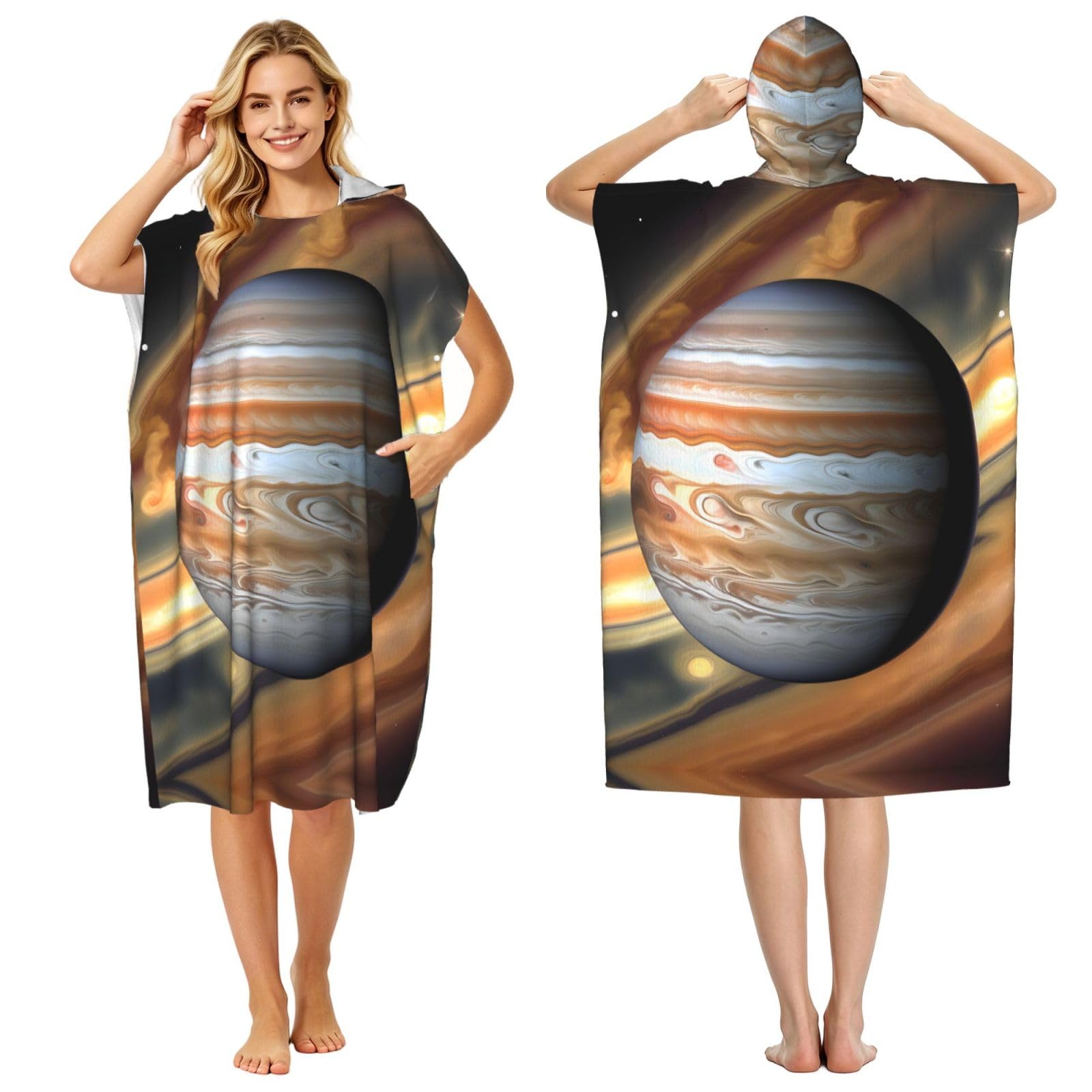 Zaixiansj 110cm Jupiter Landscape Print Adult Changing Robe Hooded Towel Poncho Surf Swim Beach Cover Up with Pockets